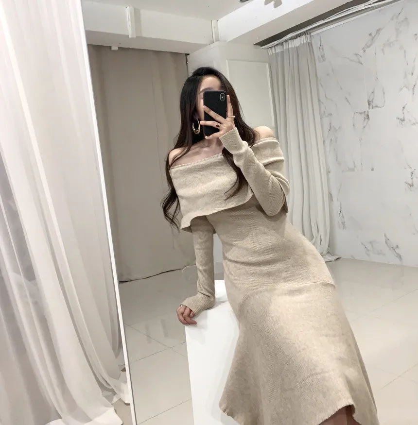 Off Shoulder Fishtail Sweater Knit Midi Dress