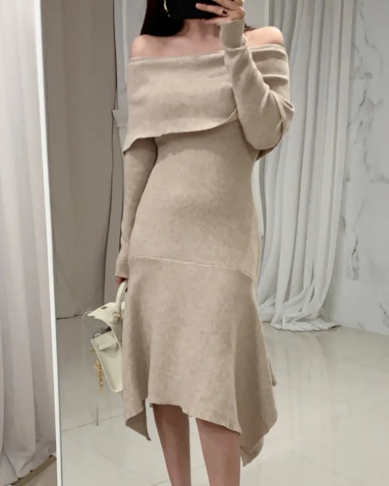 Off Shoulder Fishtail Sweater Knit Midi Dress