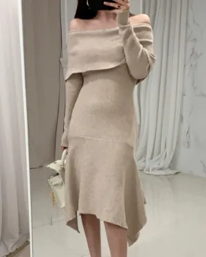 Off Shoulder Fishtail Sweater Knit Midi Dress