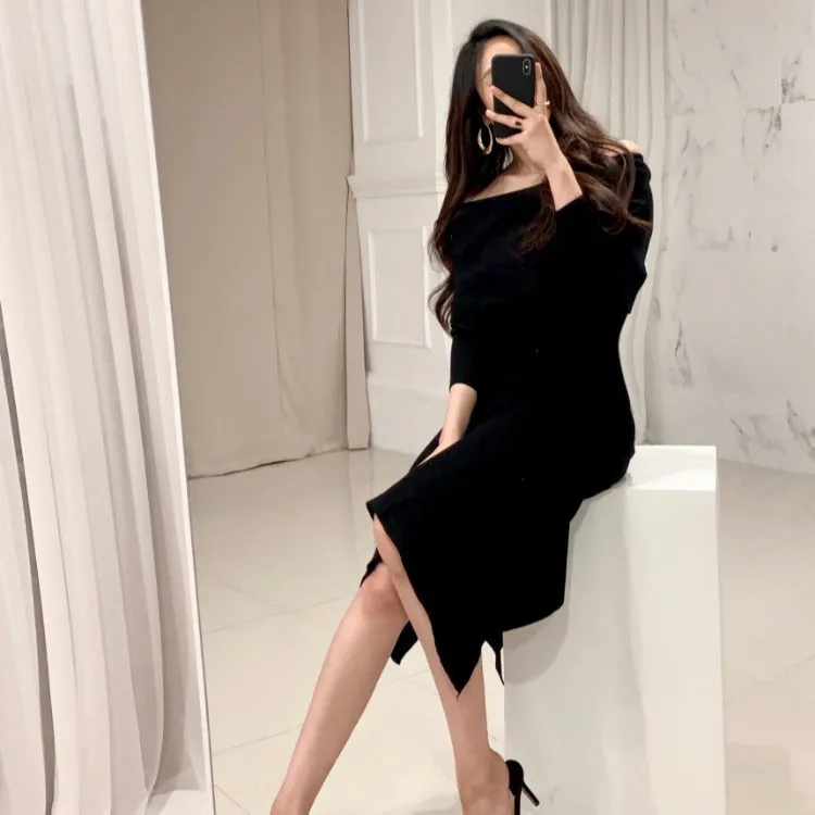 Off Shoulder Fishtail Sweater Knit Midi Dress