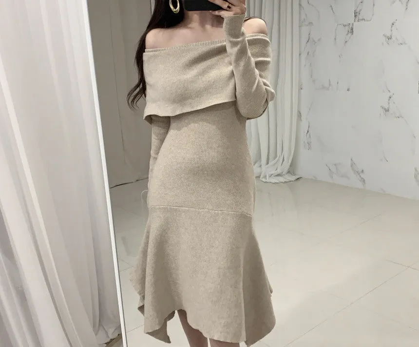 Off Shoulder Fishtail Sweater Knit Midi Dress