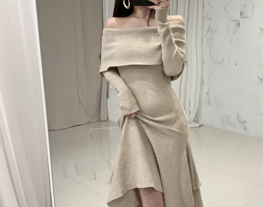 Off Shoulder Fishtail Sweater Knit Midi Dress