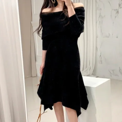 Off Shoulder Fishtail Sweater Knit Midi Dress