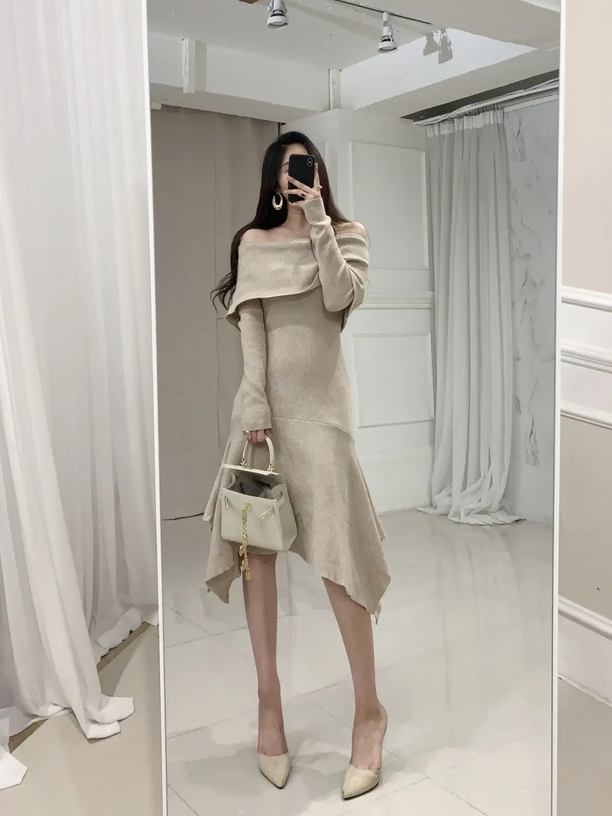 Off Shoulder Fishtail Sweater Knit Midi Dress