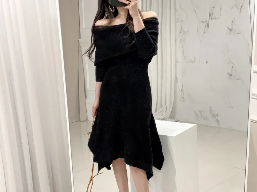 Off Shoulder Fishtail Sweater Knit Midi Dress