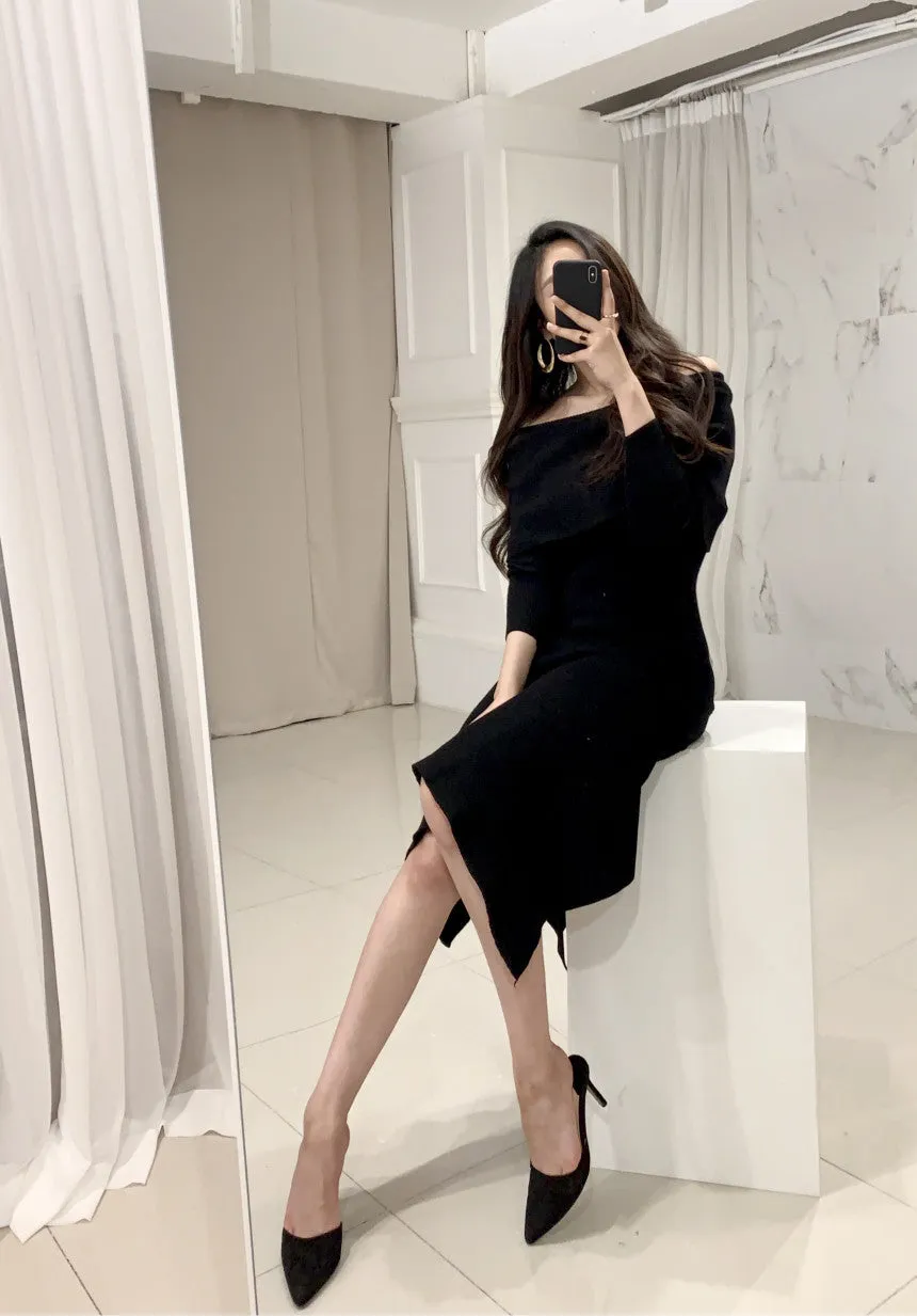 Off Shoulder Fishtail Sweater Knit Midi Dress