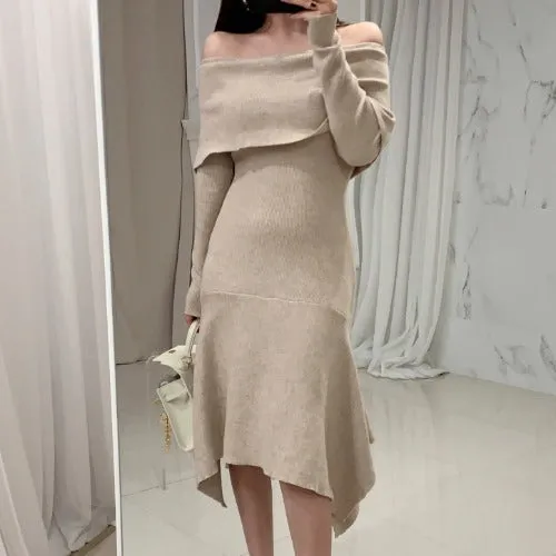 Off Shoulder Fishtail Sweater Knit Midi Dress