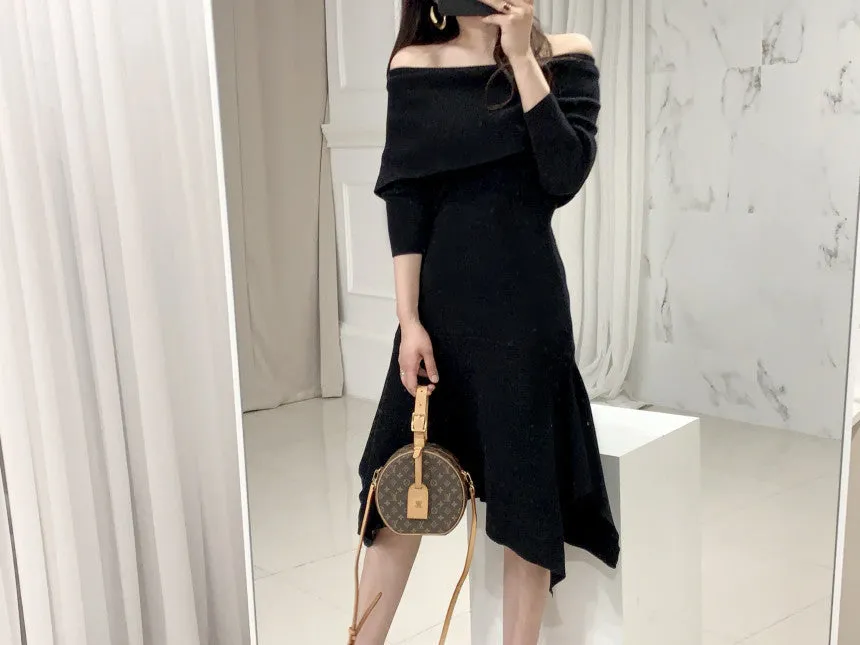 Off Shoulder Fishtail Sweater Knit Midi Dress