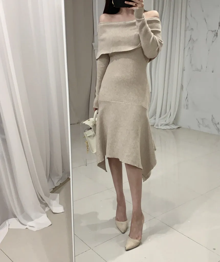 Off Shoulder Fishtail Sweater Knit Midi Dress