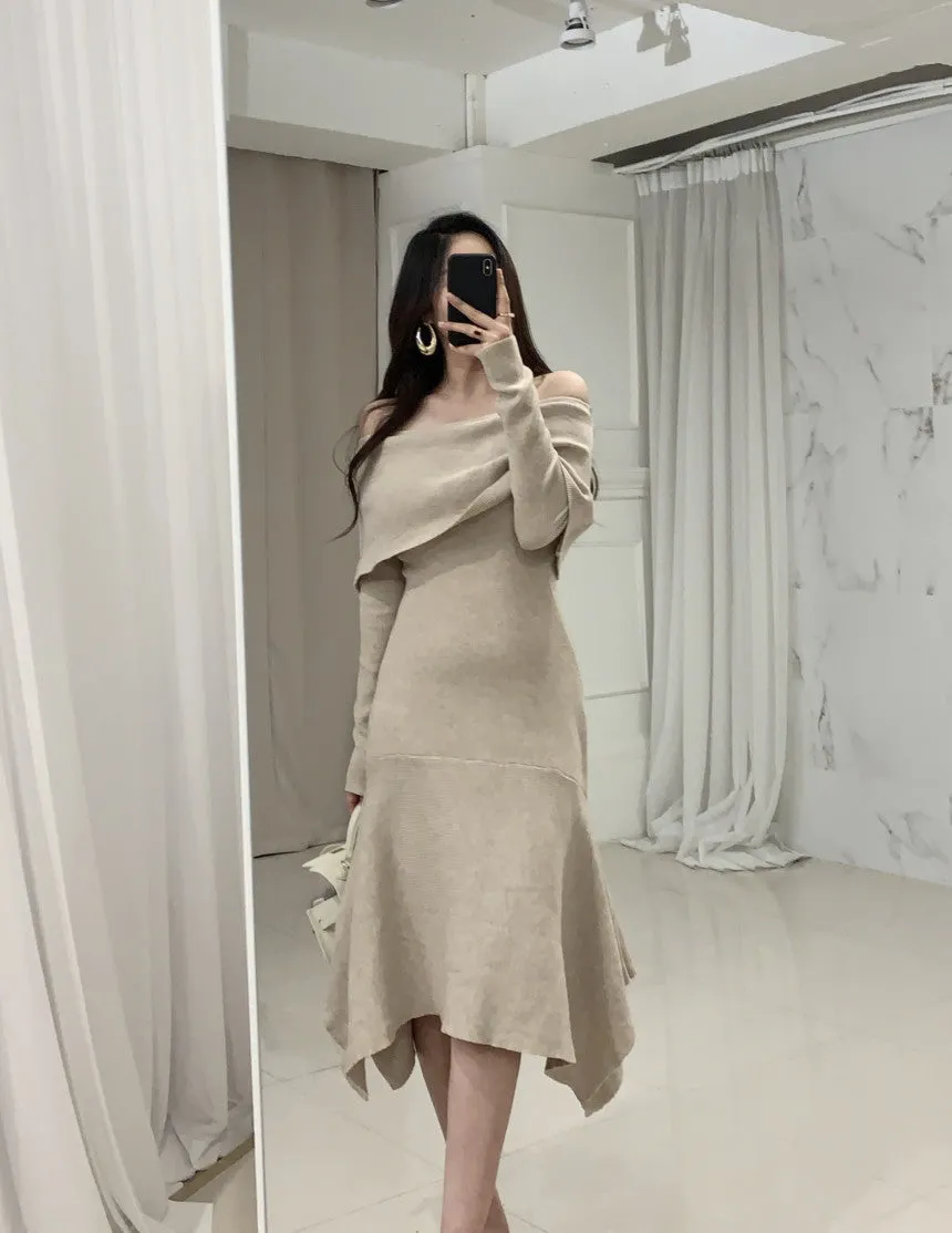 Off Shoulder Fishtail Sweater Knit Midi Dress