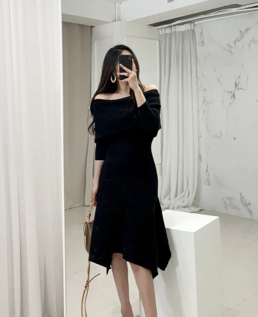 Off Shoulder Fishtail Sweater Knit Midi Dress
