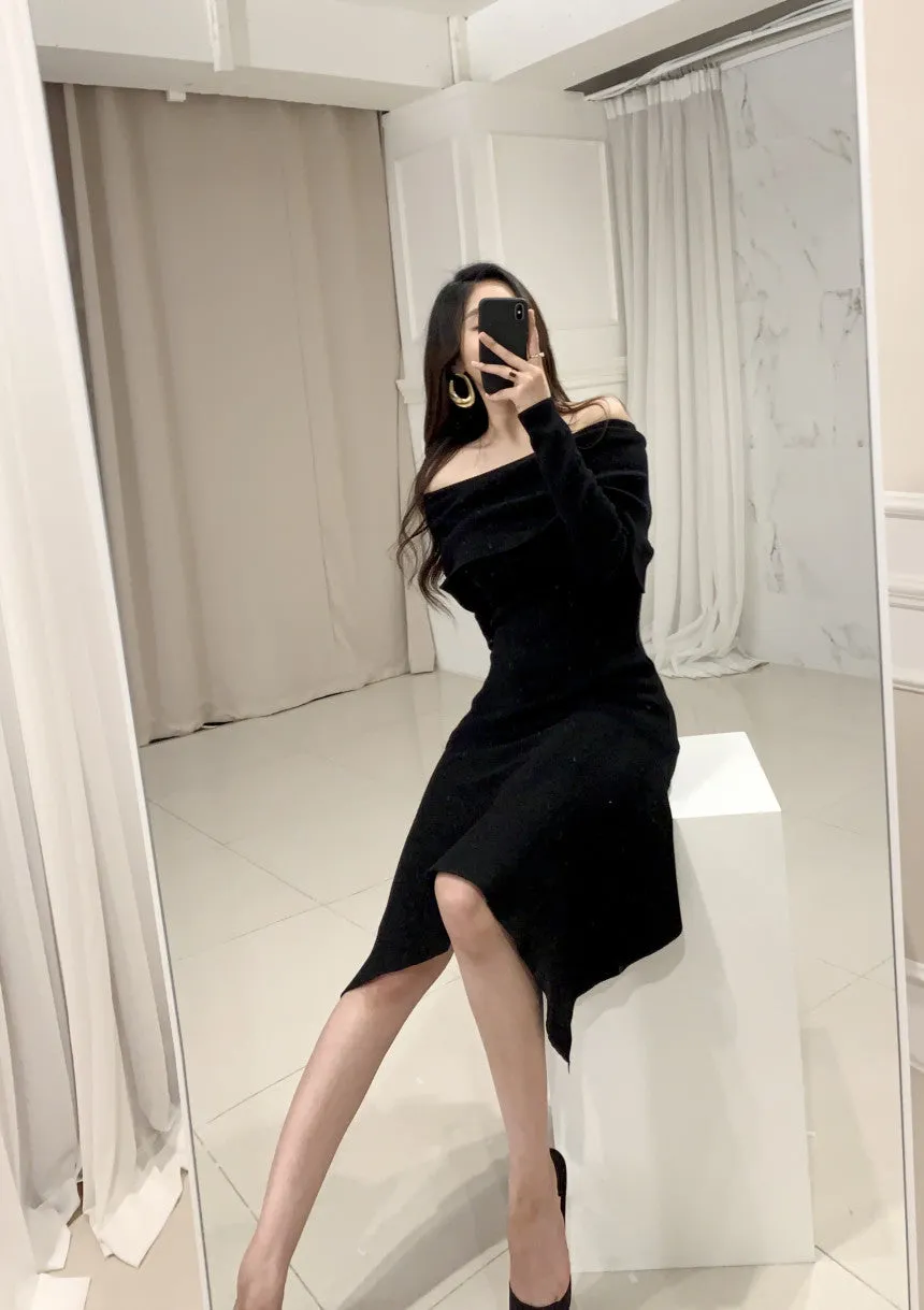Off Shoulder Fishtail Sweater Knit Midi Dress