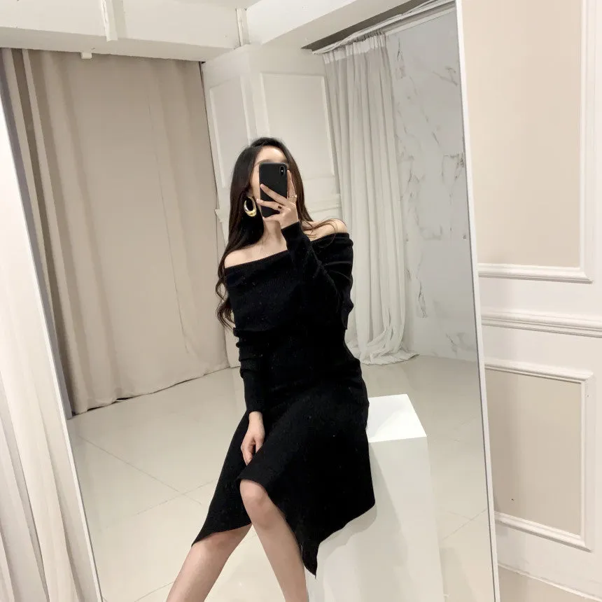 Off Shoulder Fishtail Sweater Knit Midi Dress