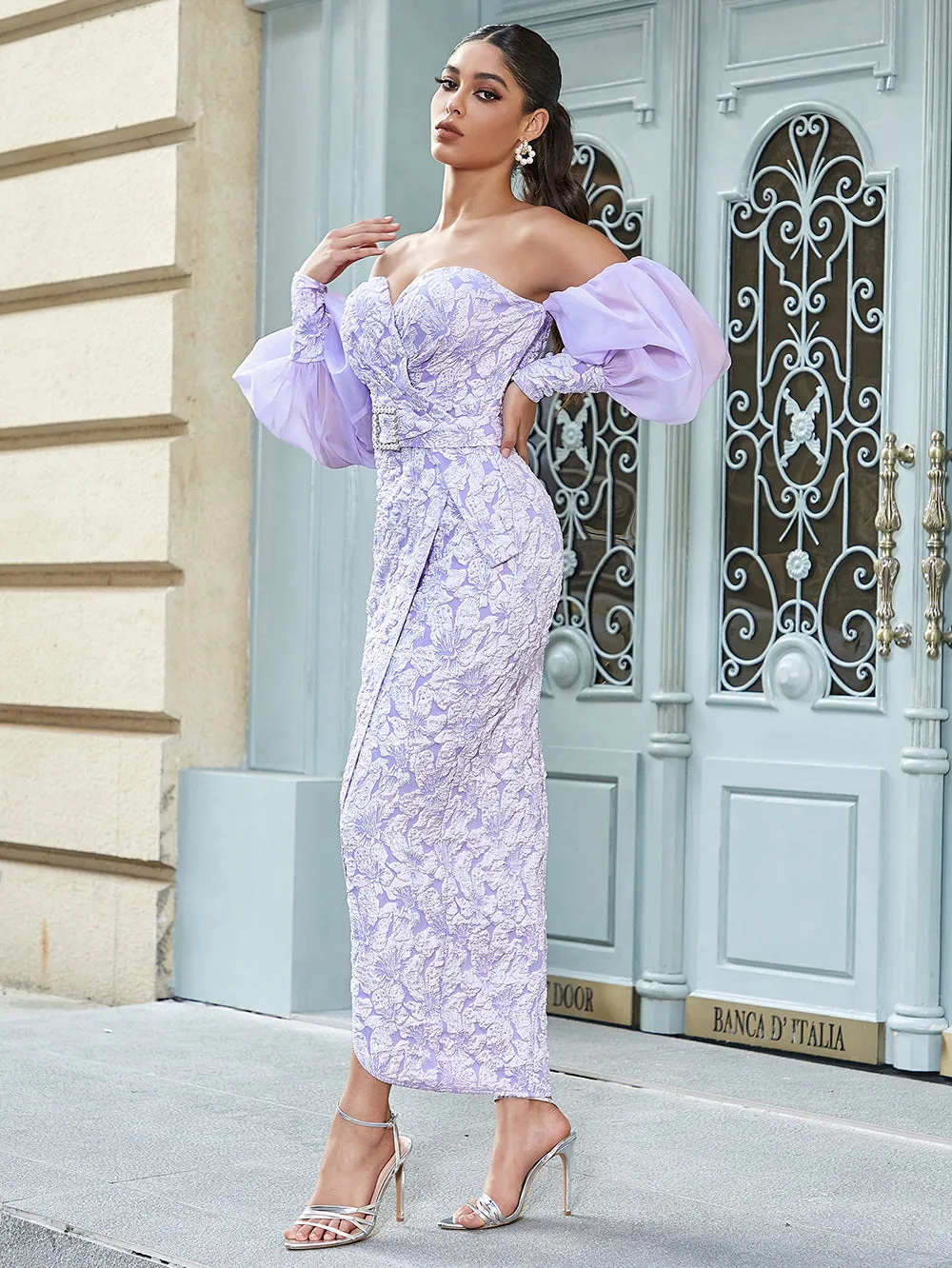 Off Shoulder Puff Sleeve Maxi Bodycon Dress HB10047
