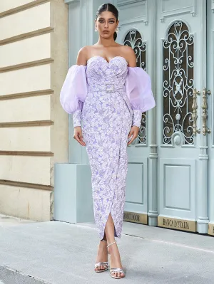 Off Shoulder Puff Sleeve Maxi Bodycon Dress HB10047