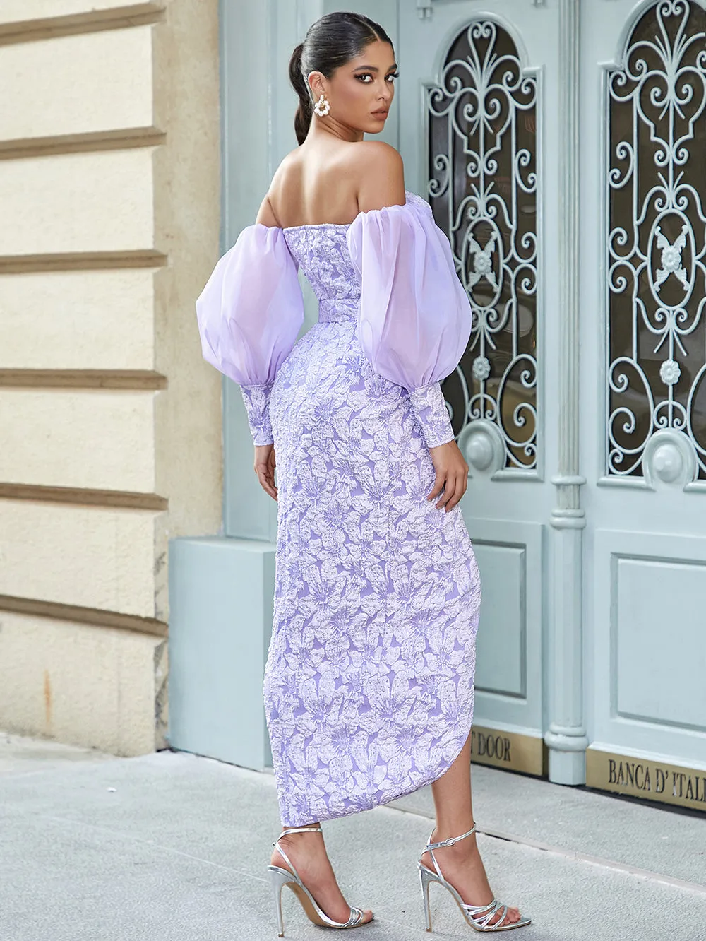 Off Shoulder Puff Sleeve Maxi Bodycon Dress HB10047