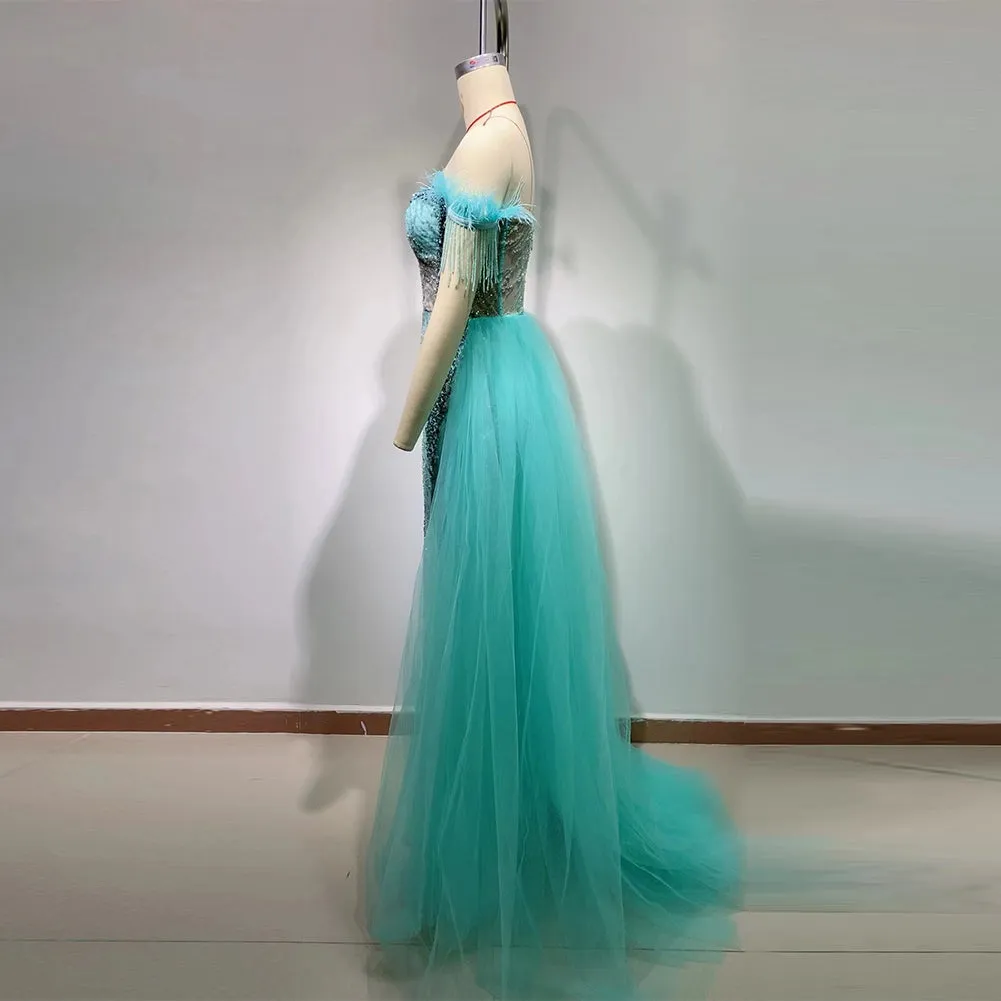 Off Shoulder Sleeveless Tulle Maxi Bodycon Dress HT9200