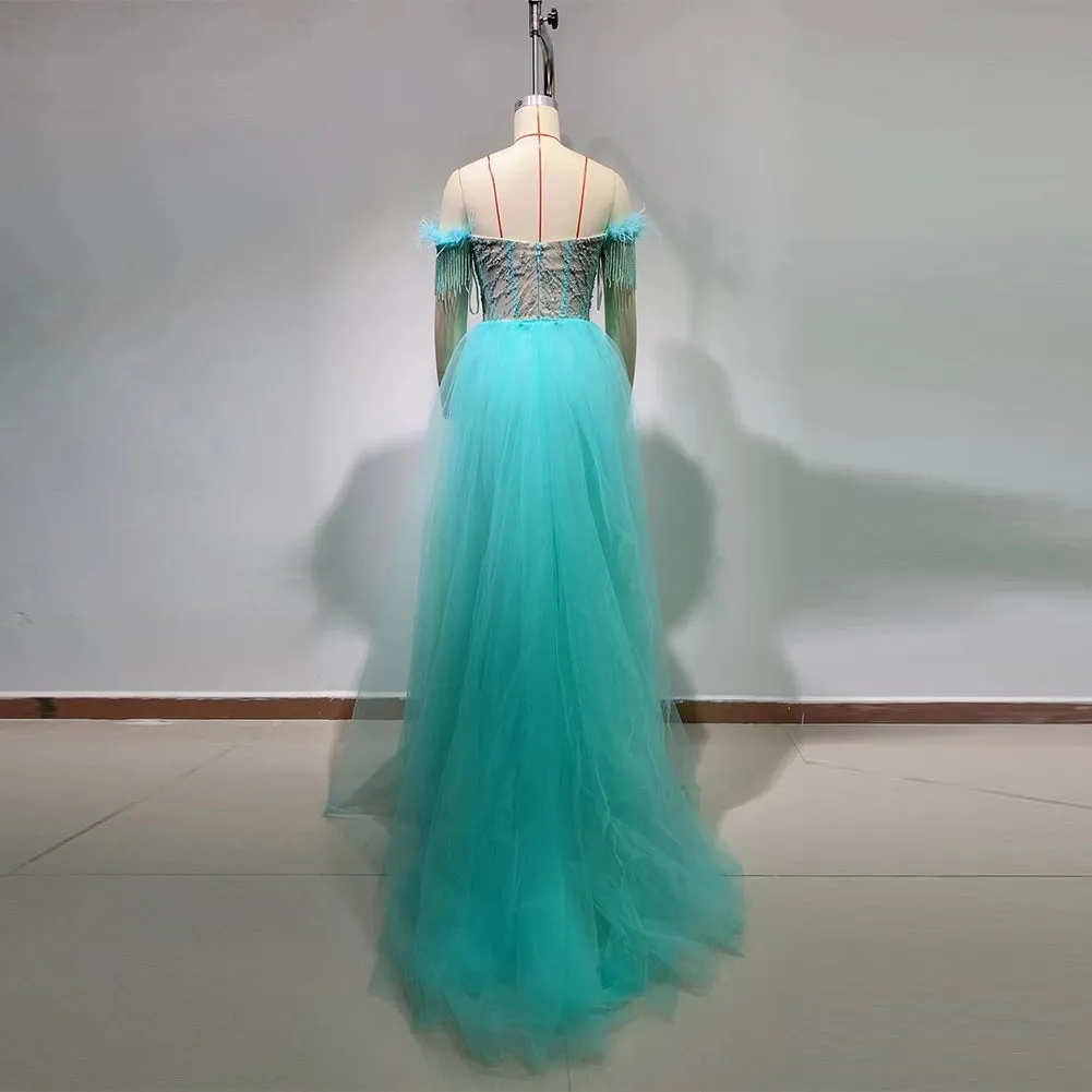 Off Shoulder Sleeveless Tulle Maxi Bodycon Dress HT9200