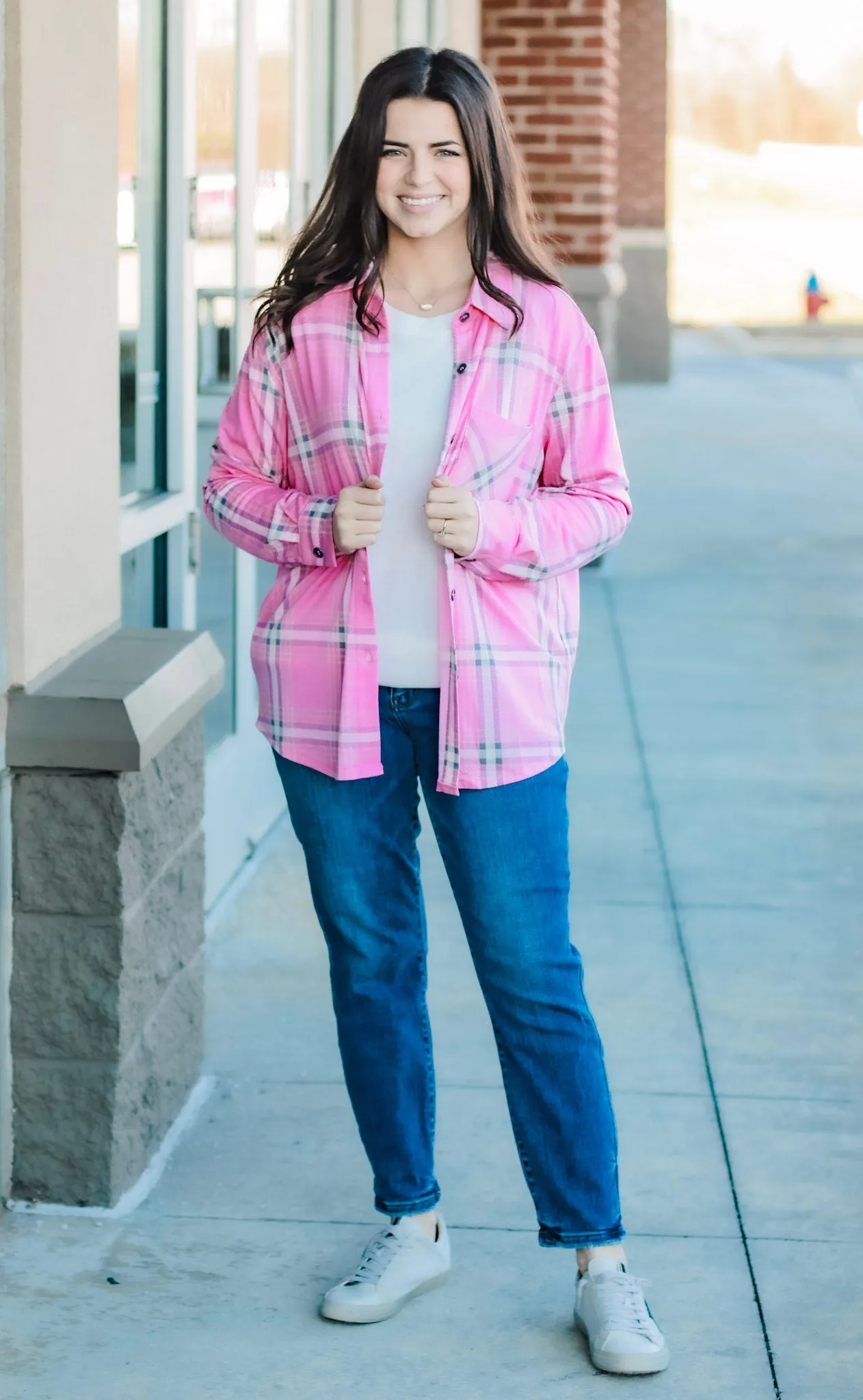 On My Way Flannel in Pink/Grey