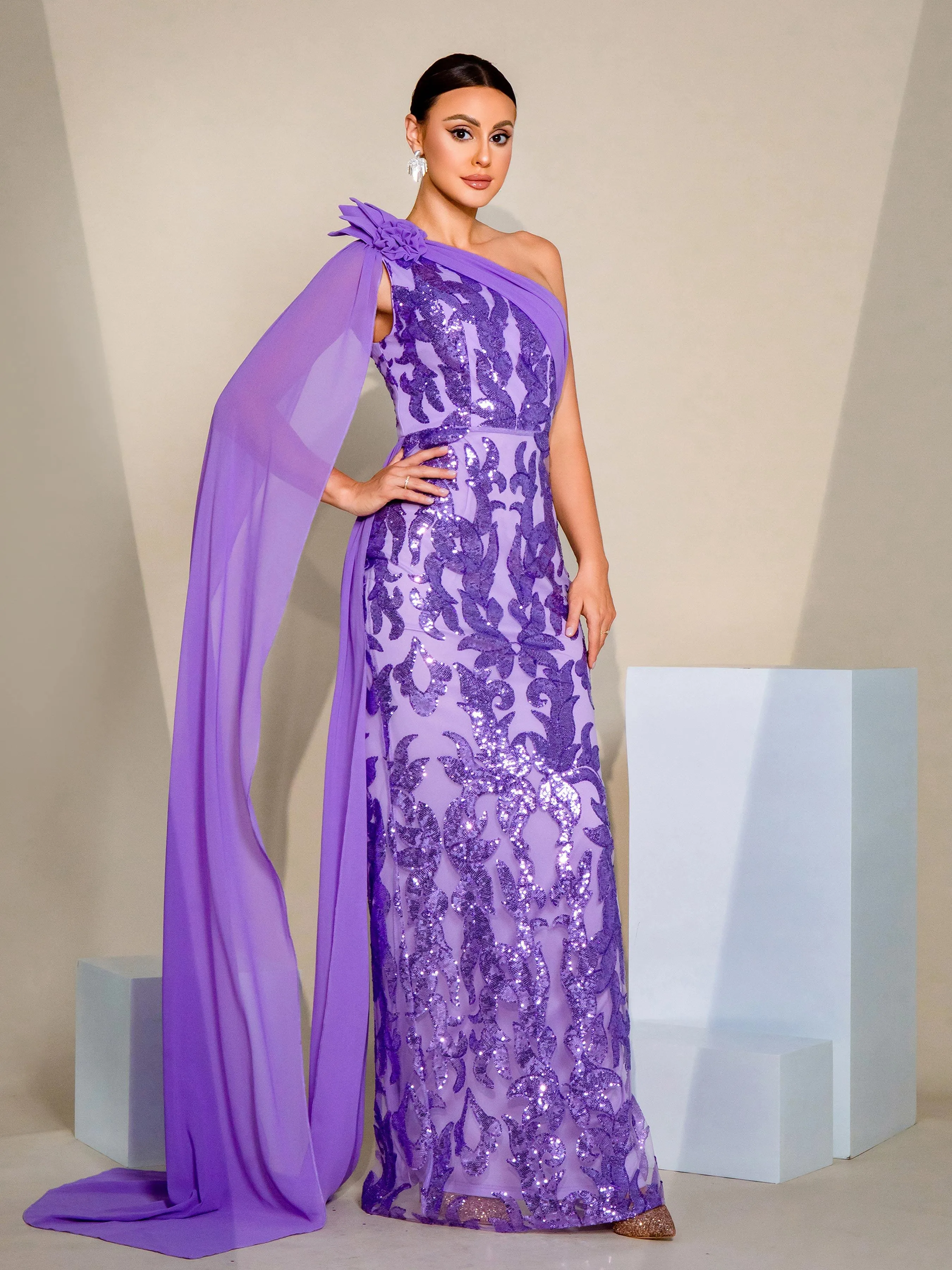 One Shoulder Cape Sleeve Sequin Dress GM00398