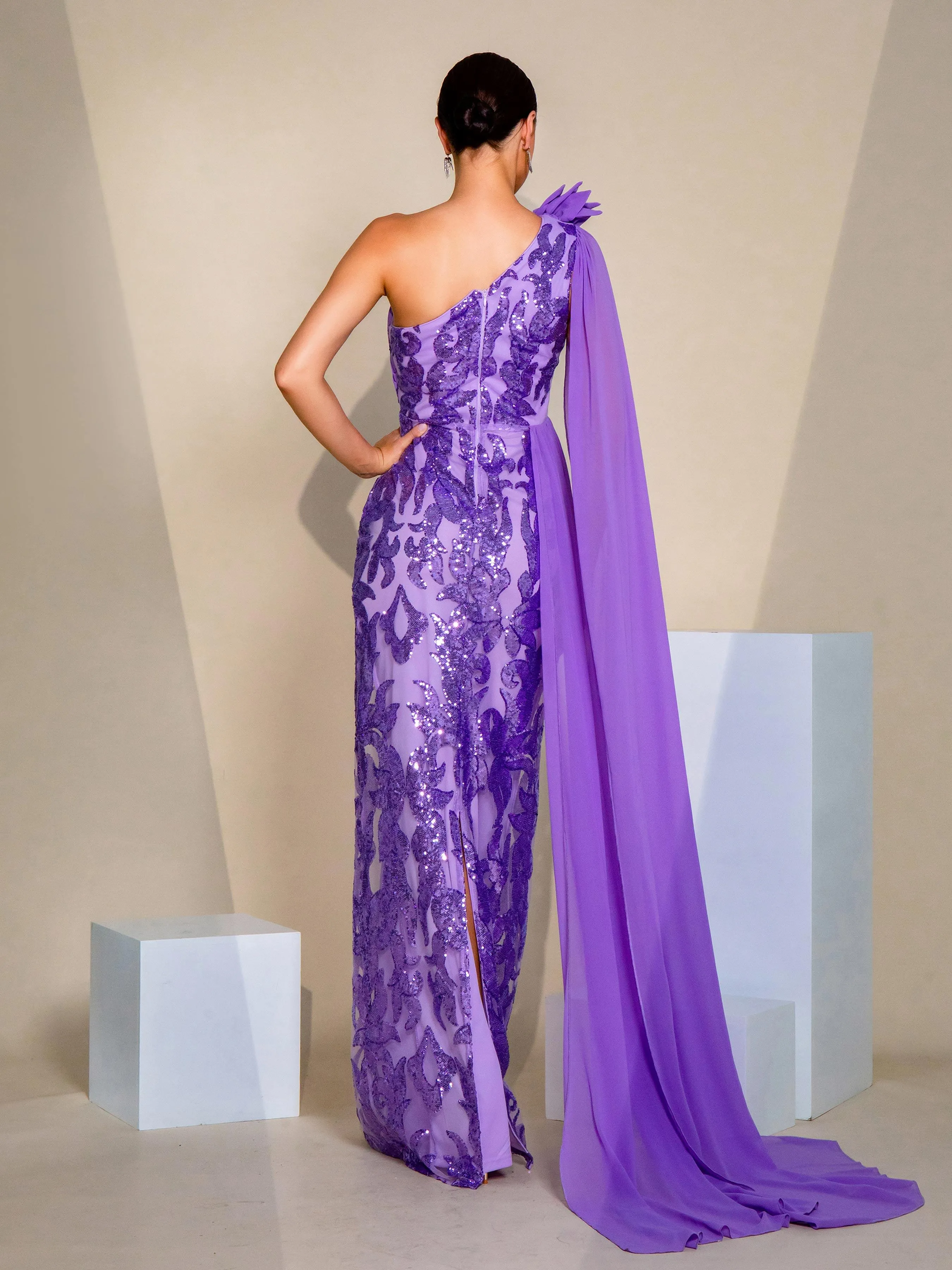 One Shoulder Cape Sleeve Sequin Dress GM00398