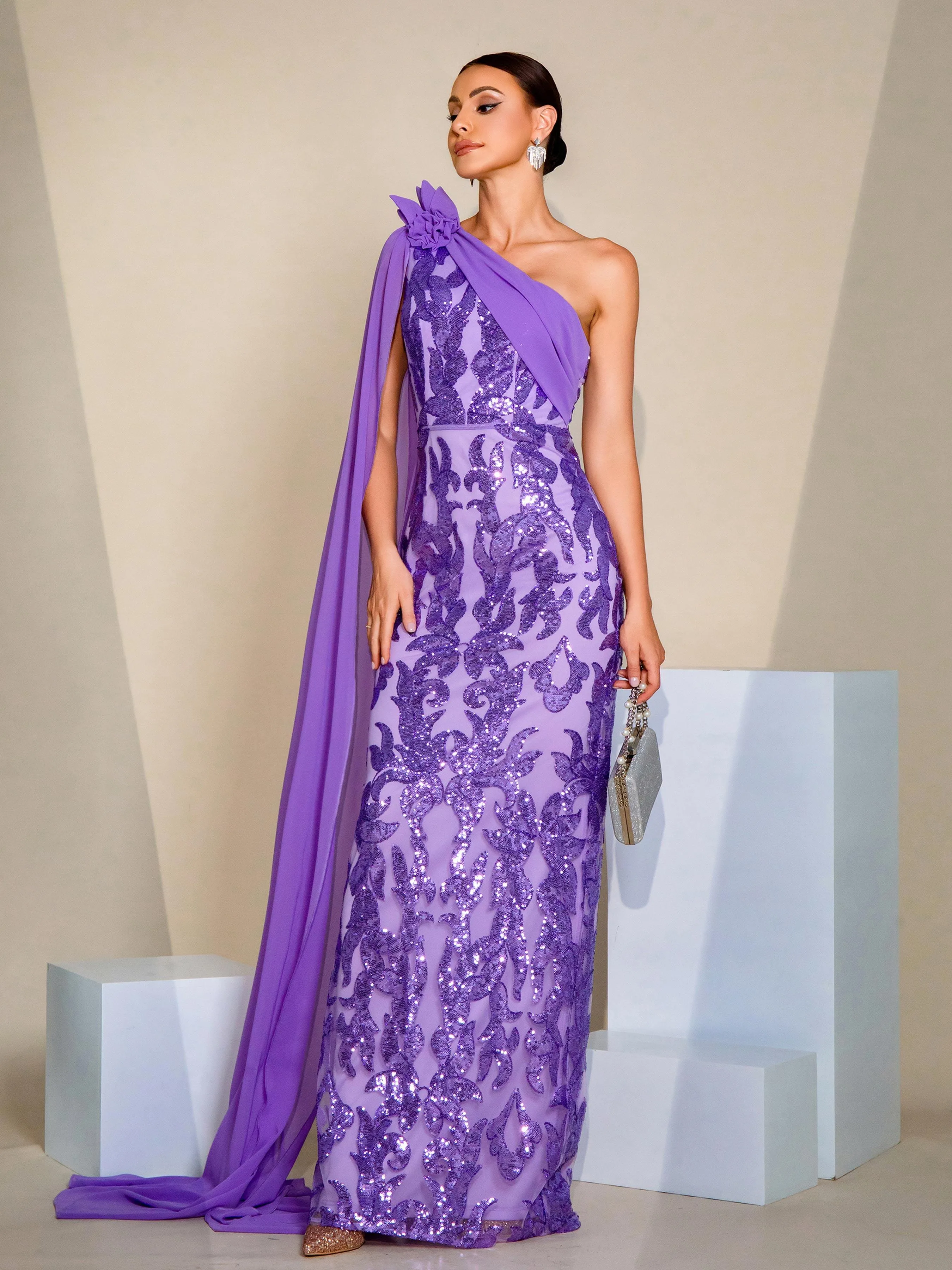 One Shoulder Cape Sleeve Sequin Dress GM00398