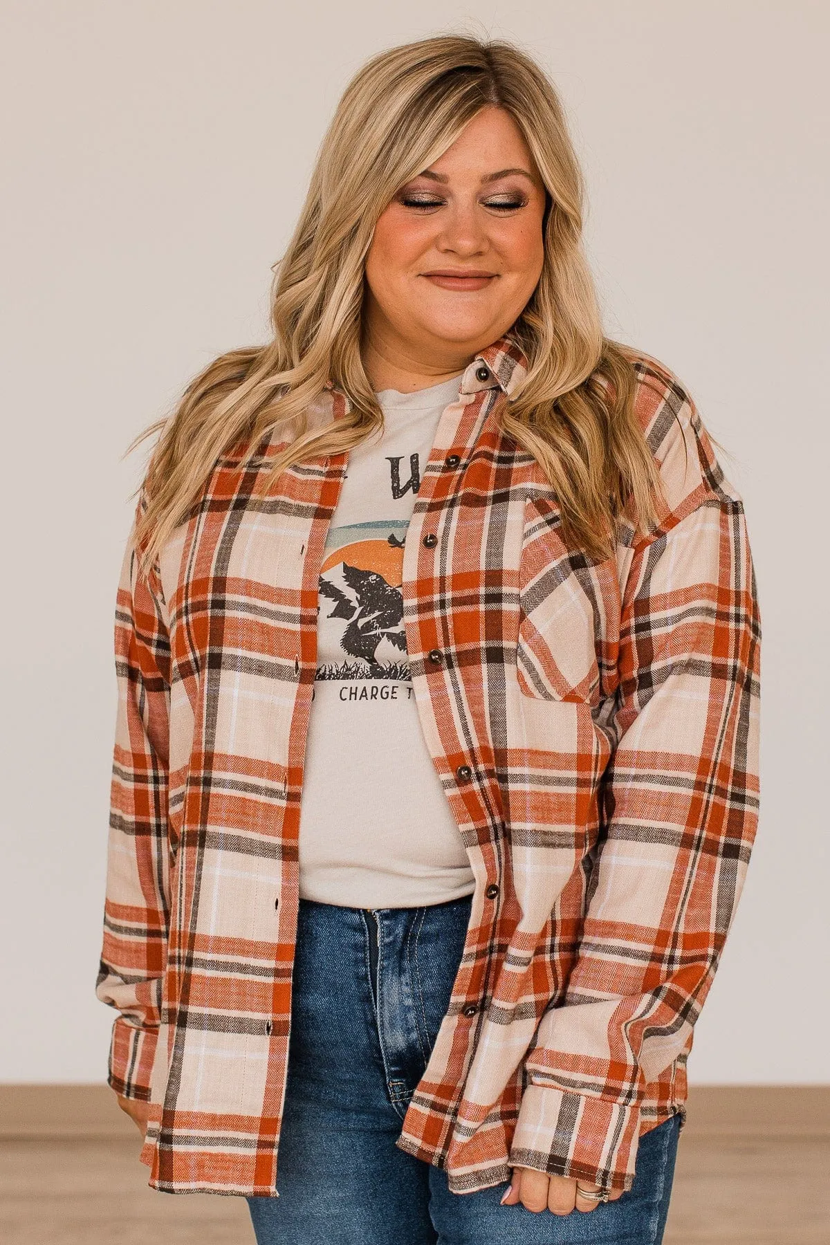Only For Me Button Flannel Top- Light Taupe & Rust