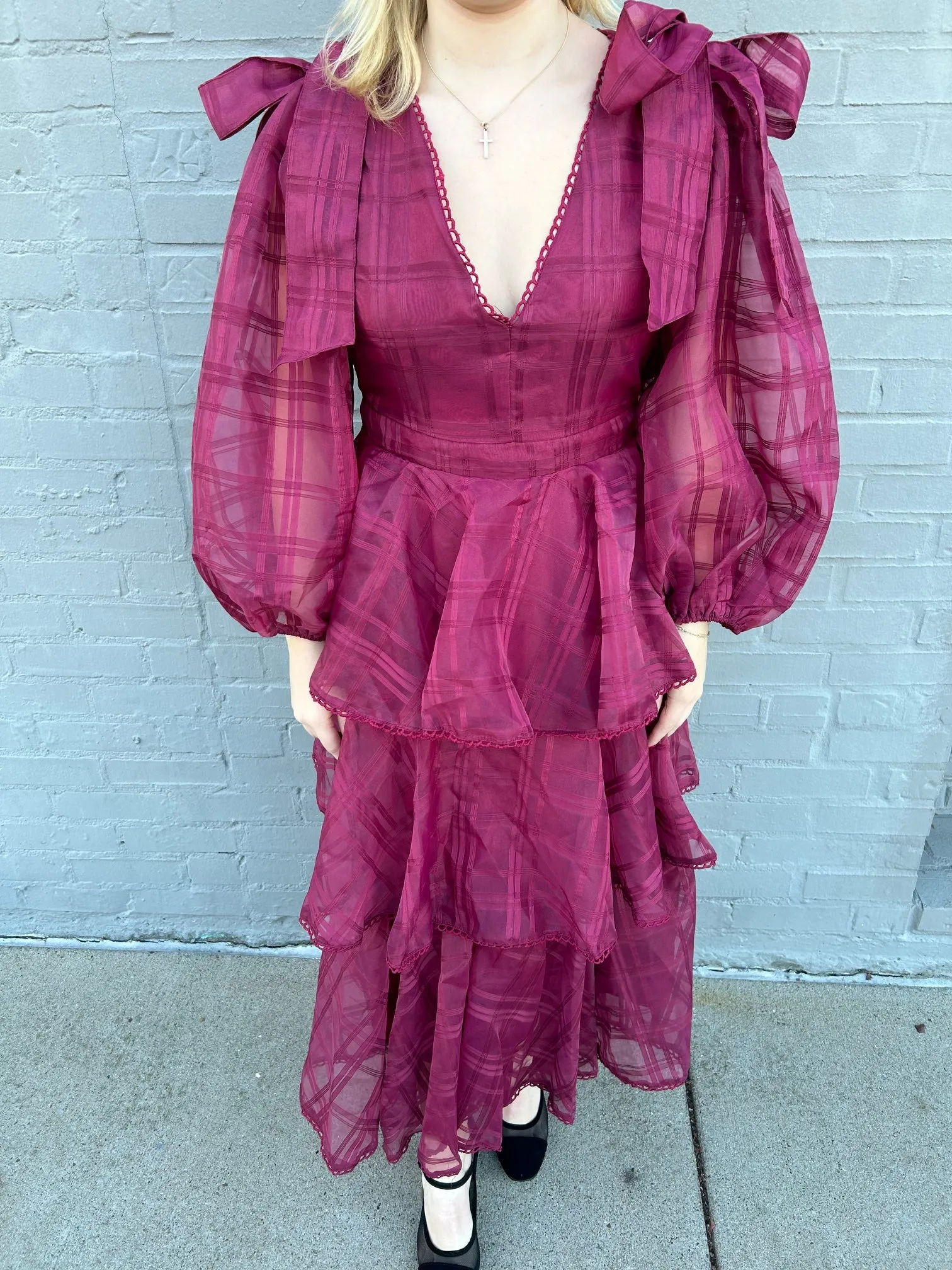 Organza Plaid Print V Neck Maxi Dress