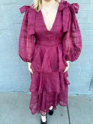 Organza Plaid Print V Neck Maxi Dress