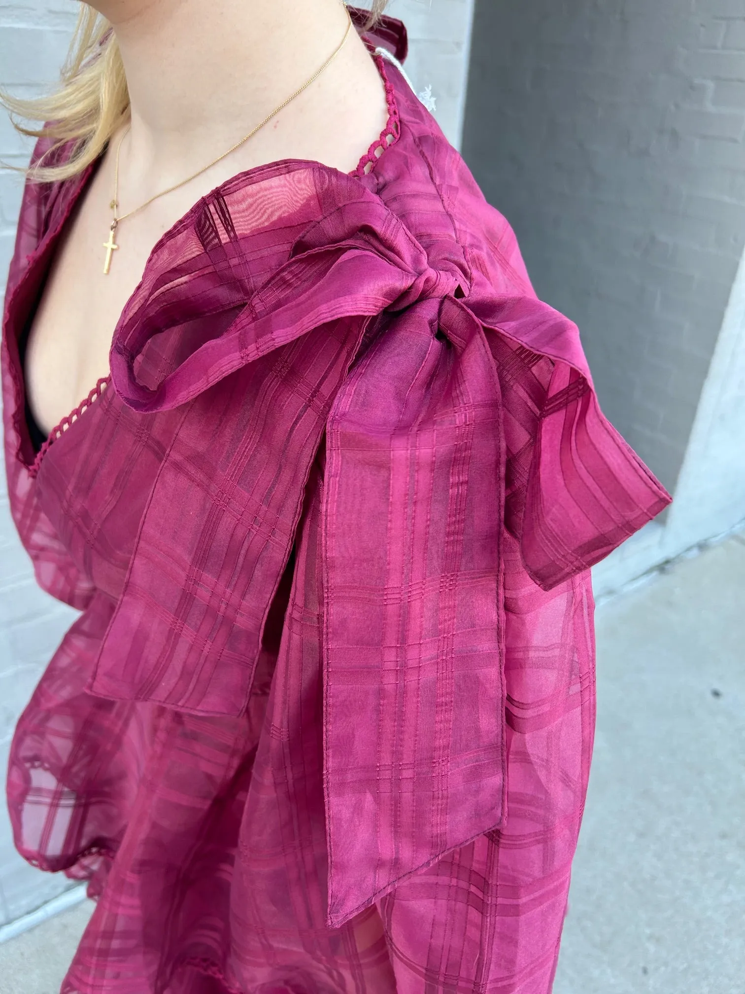 Organza Plaid Print V Neck Maxi Dress