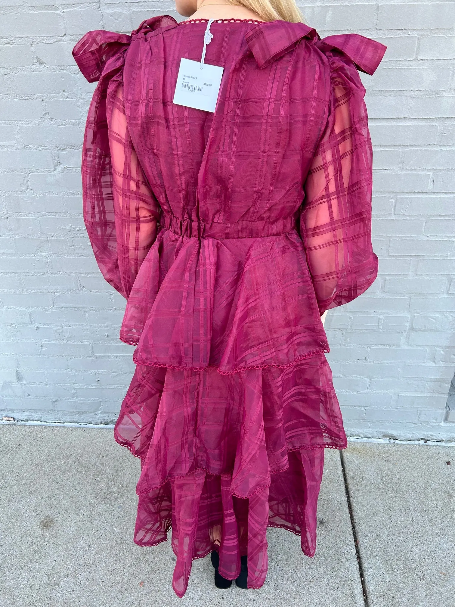 Organza Plaid Print V Neck Maxi Dress