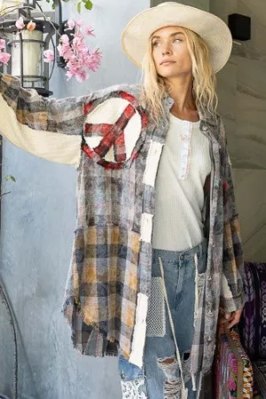 Patchwork Washed Flannel Peace Oversize Long Shacket