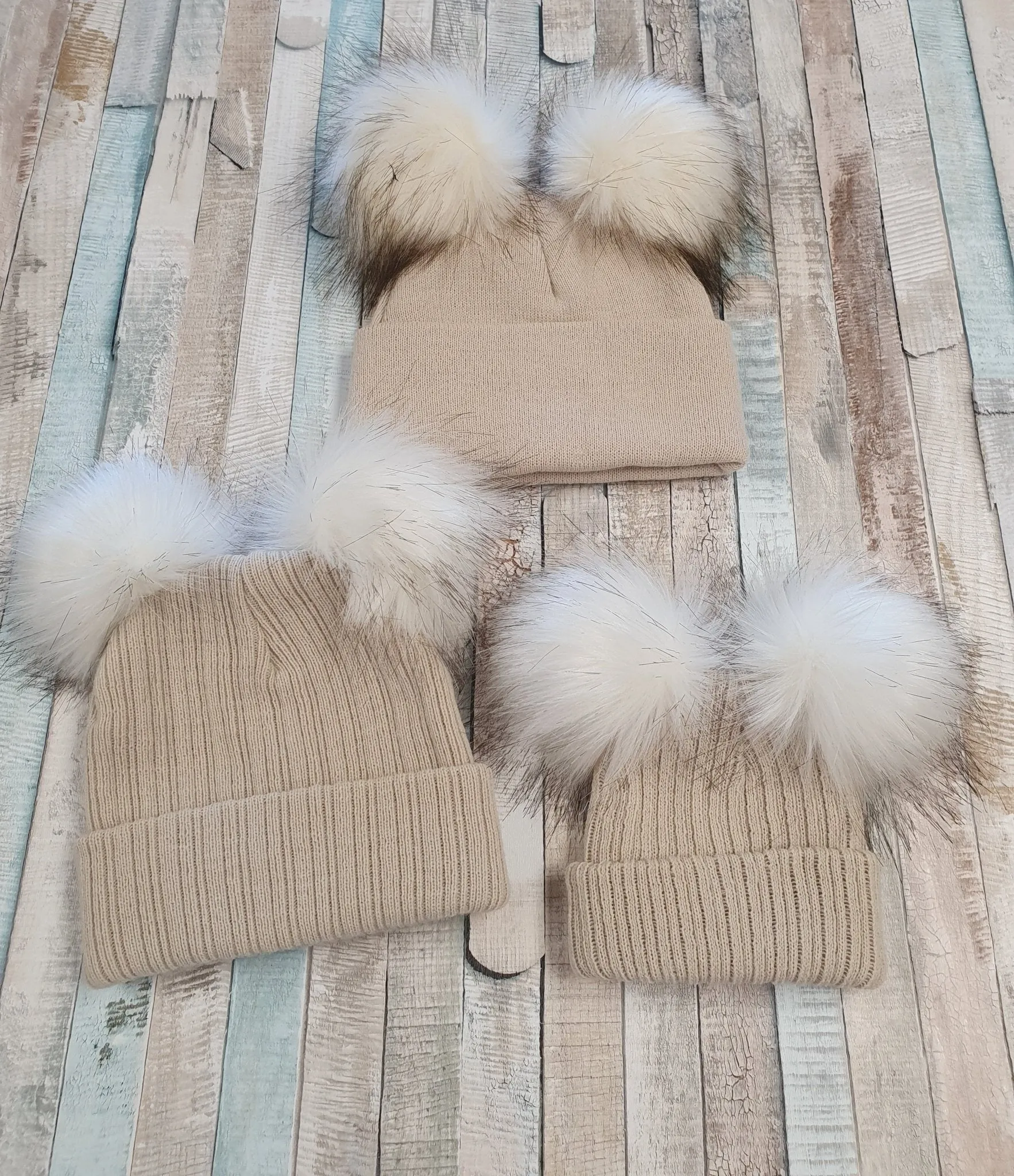 Personalised Baby Beige Double Fluffy Faux Fur Pom Knitted Hat