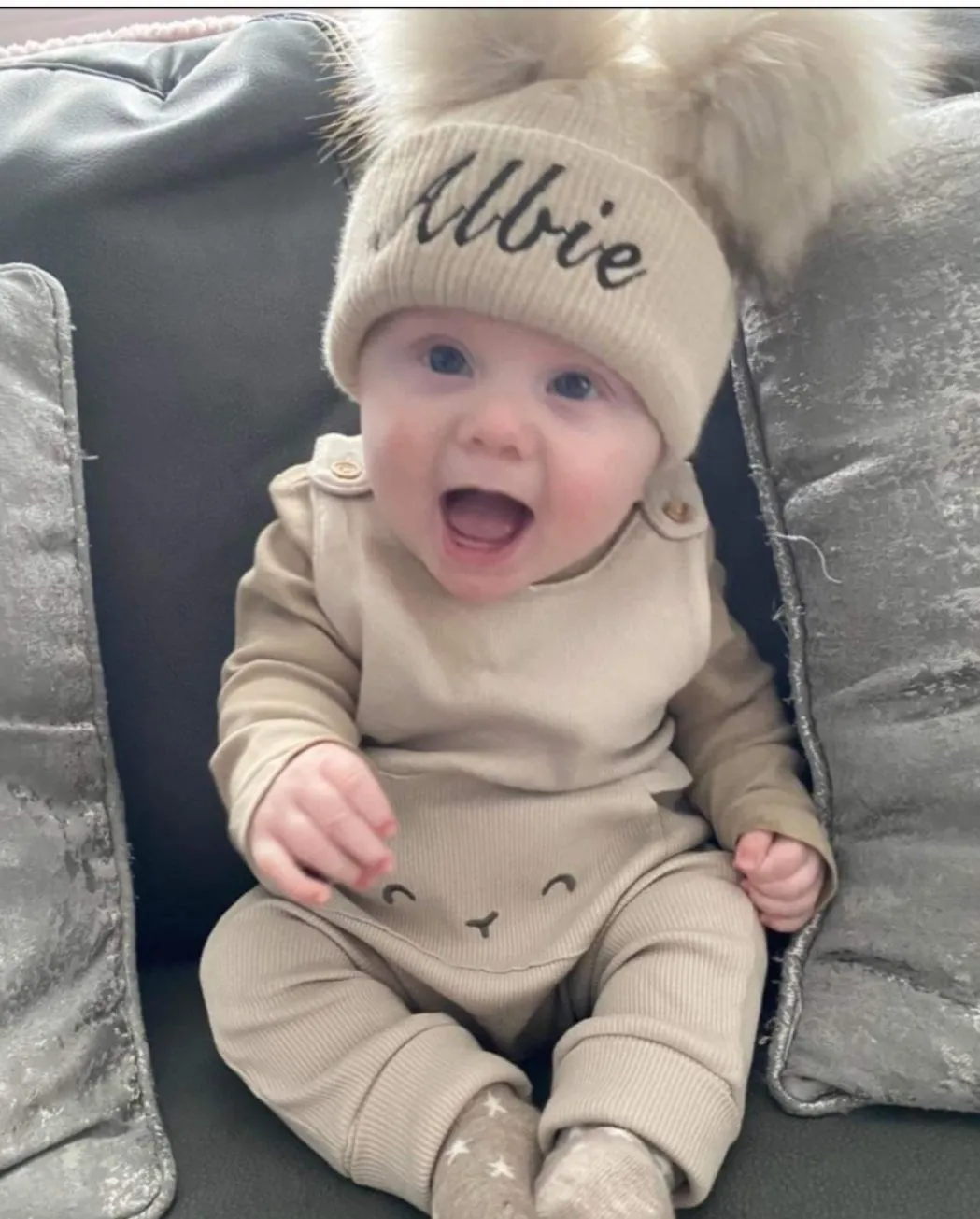 Personalised Baby Beige Double Fluffy Faux Fur Pom Knitted Hat