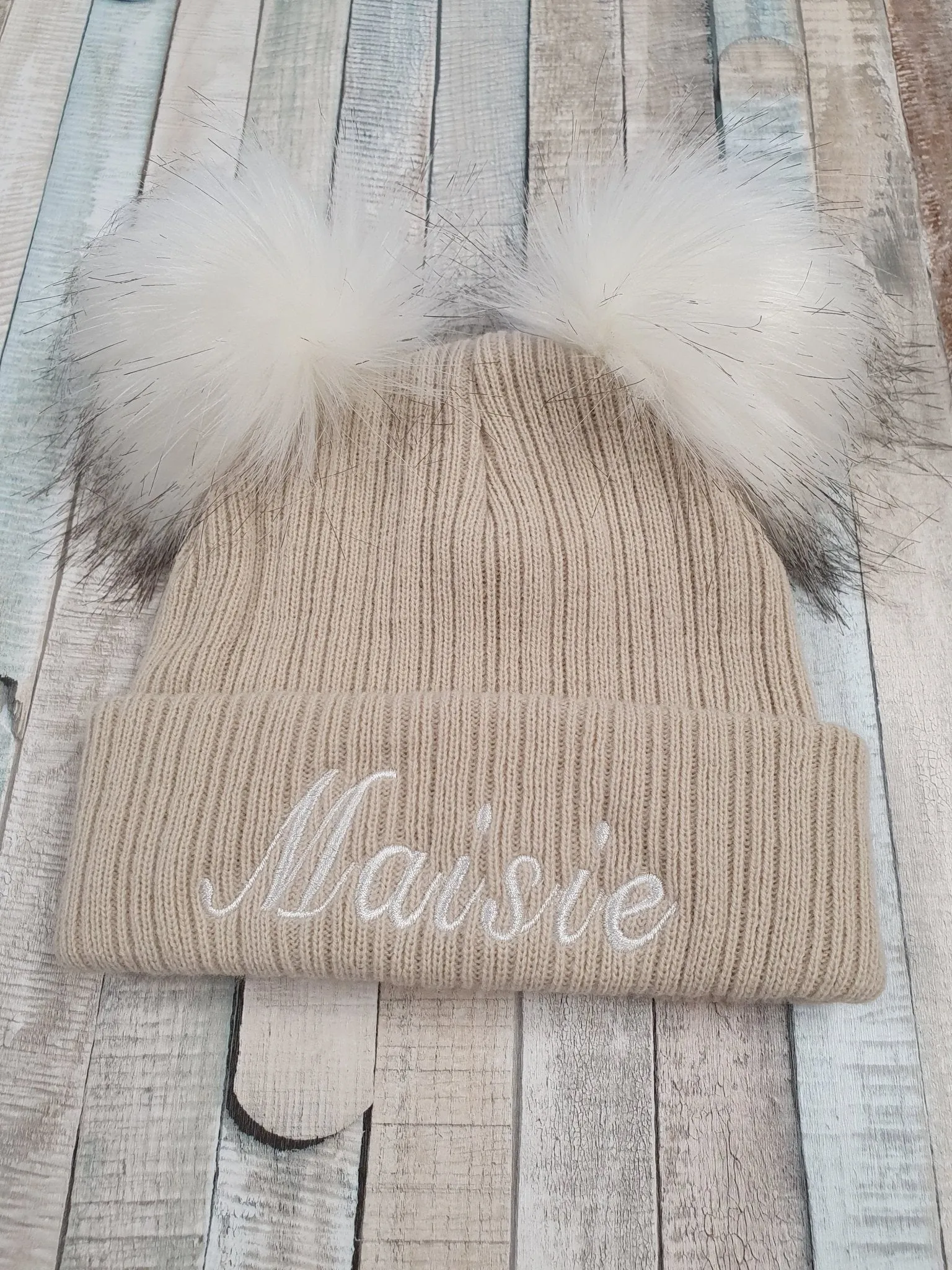 Personalised Baby Beige Double Fluffy Faux Fur Pom Knitted Hat