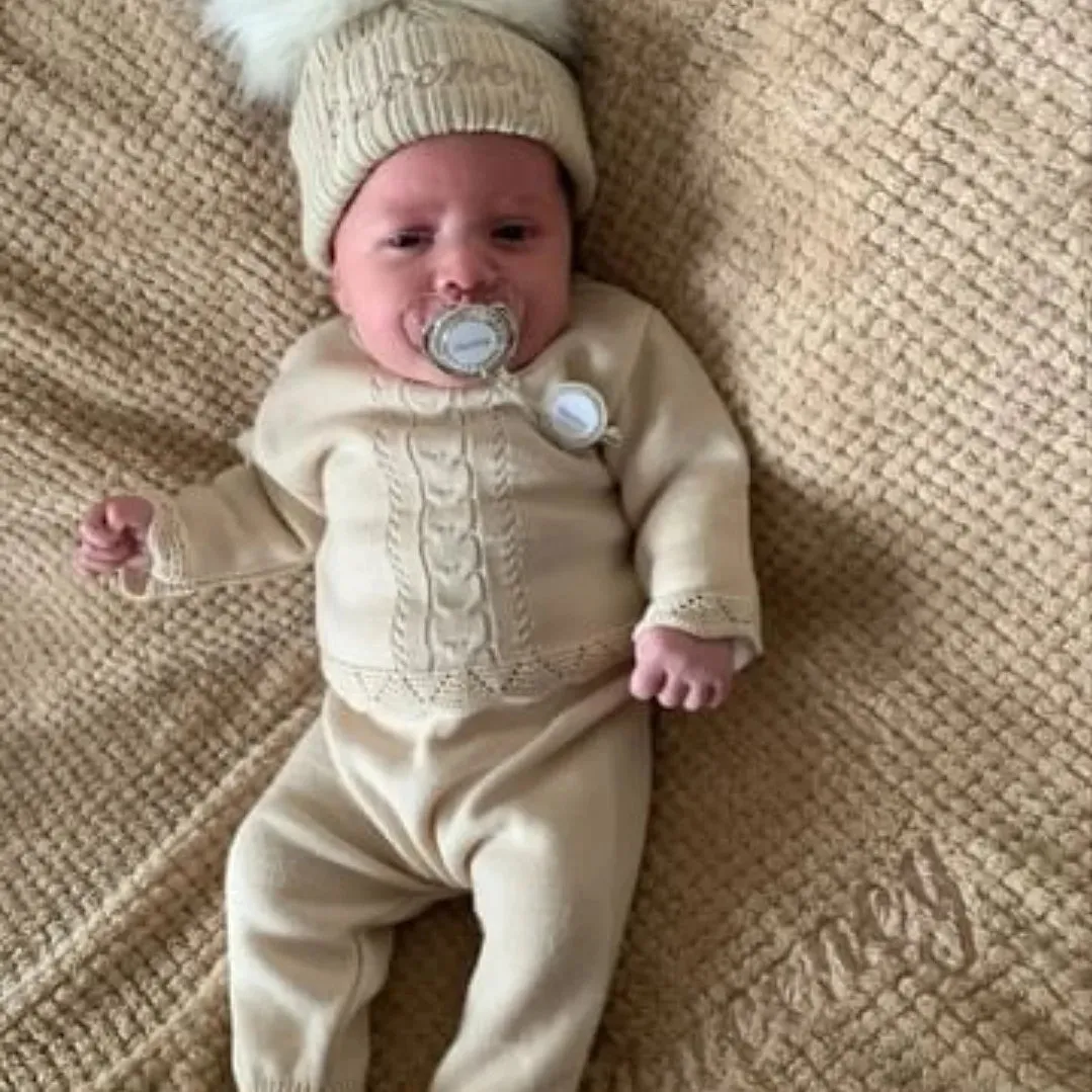 Personalised Baby Beige Double Fluffy Faux Fur Pom Knitted Hat