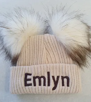 Personalised Baby Beige Double Fluffy Faux Fur Pom Knitted Hat