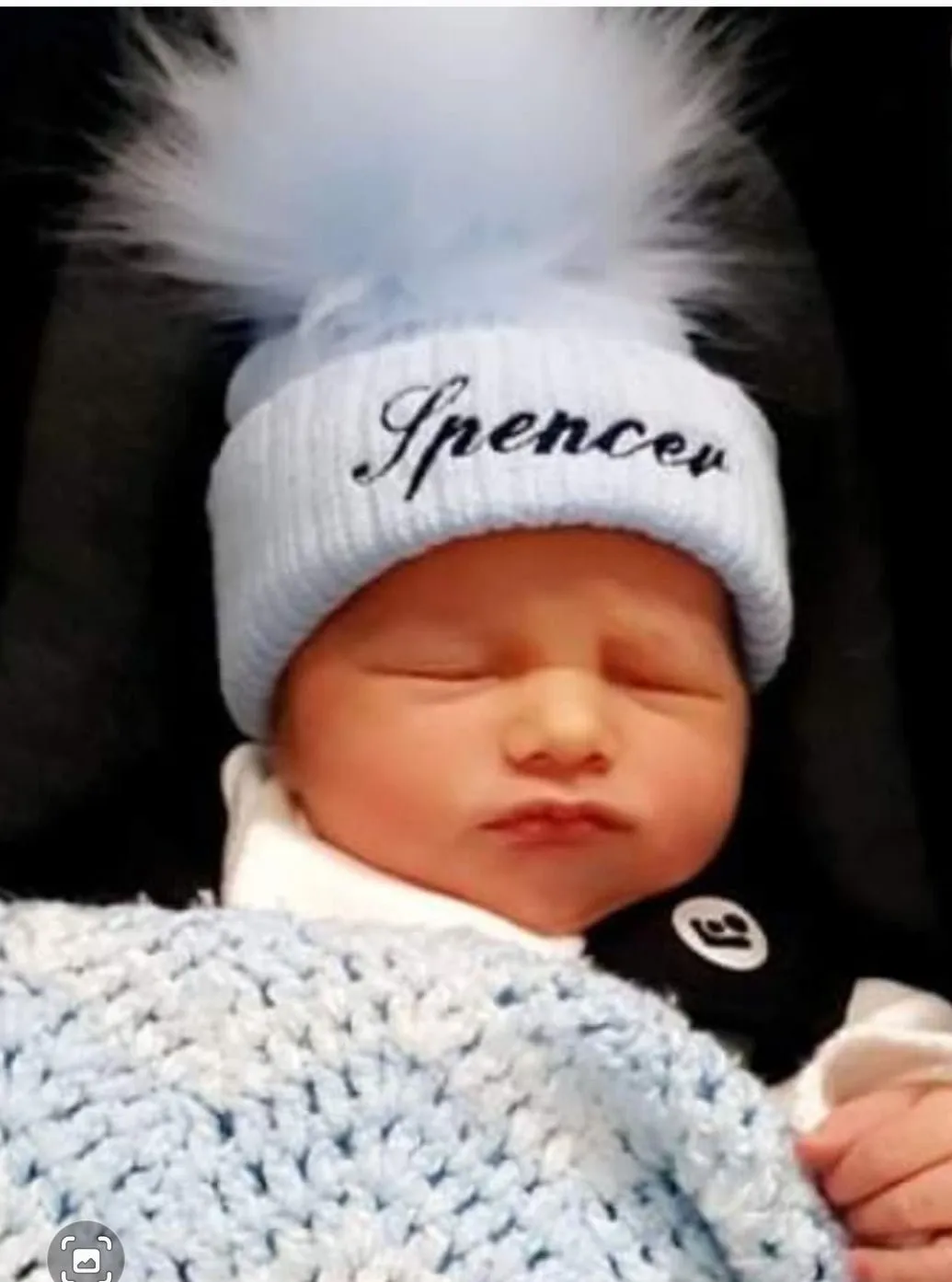 Personalised Baby Blue Knitted Single Blue Fluffy Faux Fur Pom Hat