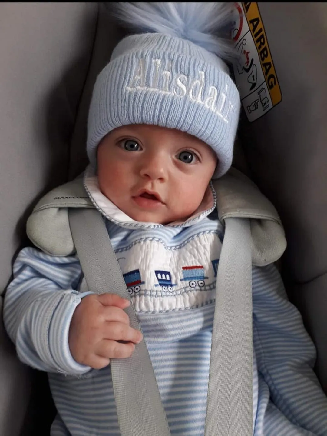 Personalised Baby Blue Knitted Single Blue Fluffy Faux Fur Pom Hat