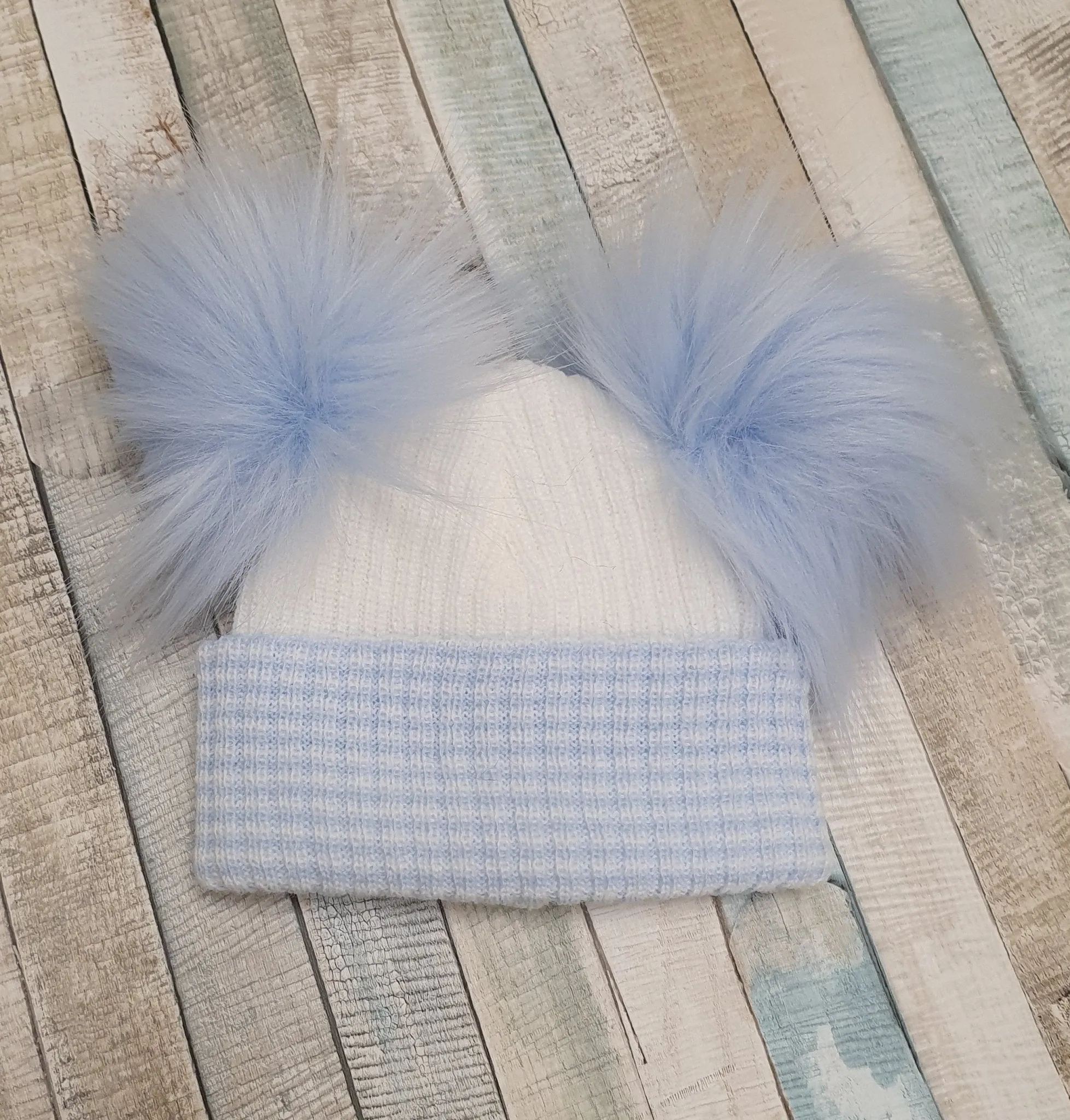 Personalised Baby First Size Ribbed Double Fluffy Faux Fur Pom Hats