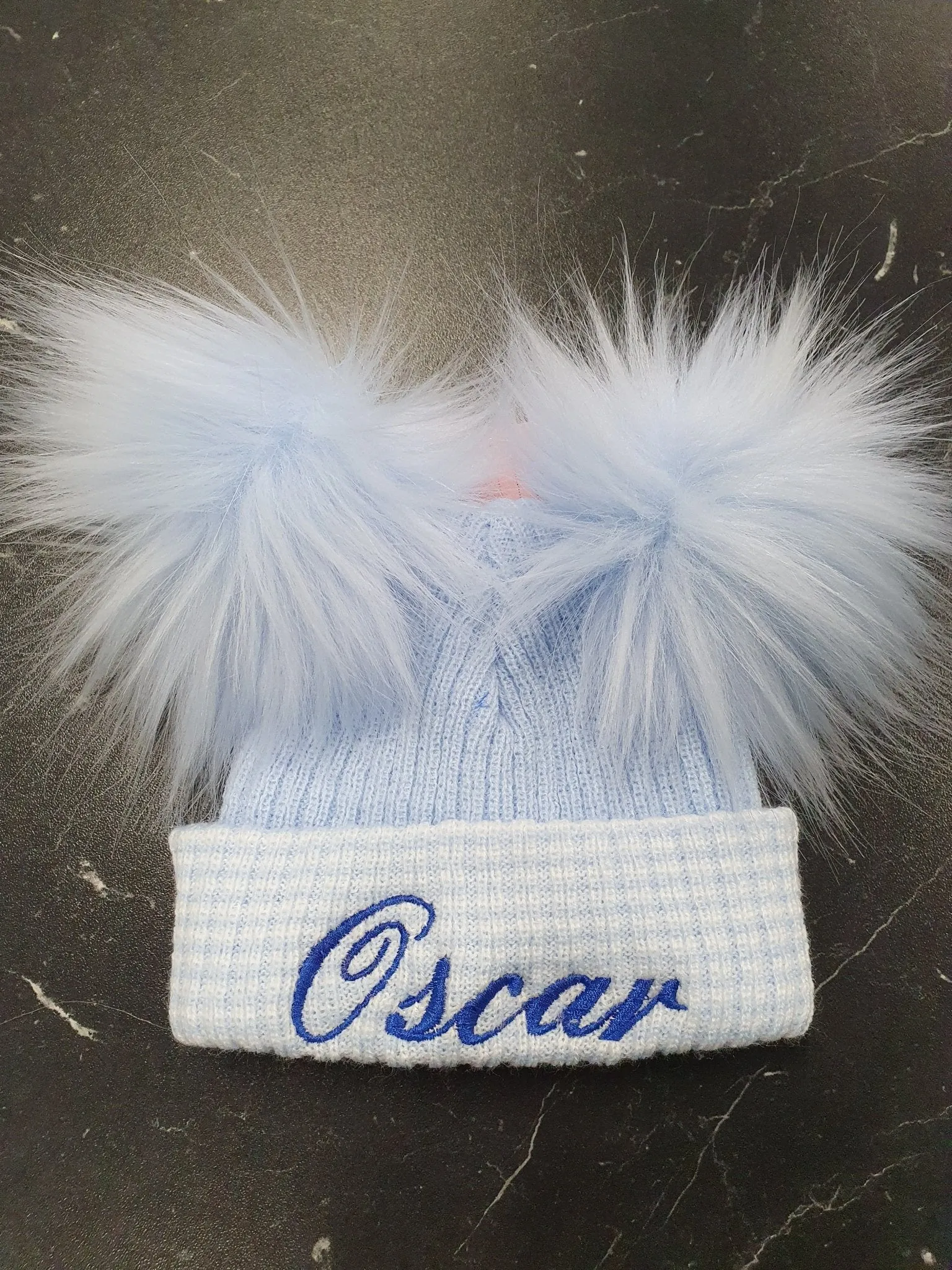 Personalised Baby First Size Ribbed Double Fluffy Faux Fur Pom Hats