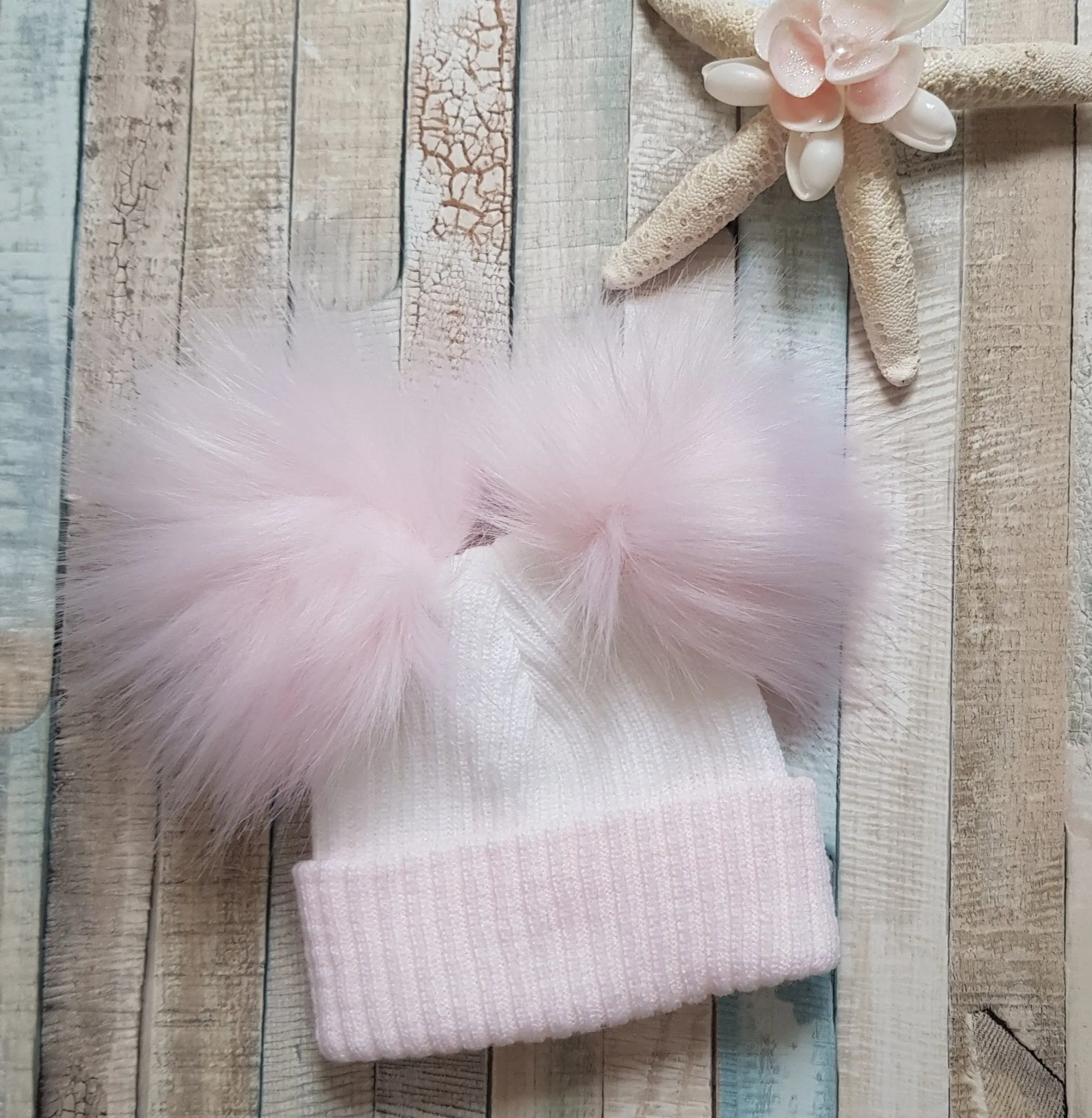 Personalised Baby First Size Ribbed Double Fluffy Faux Fur Pom Hats