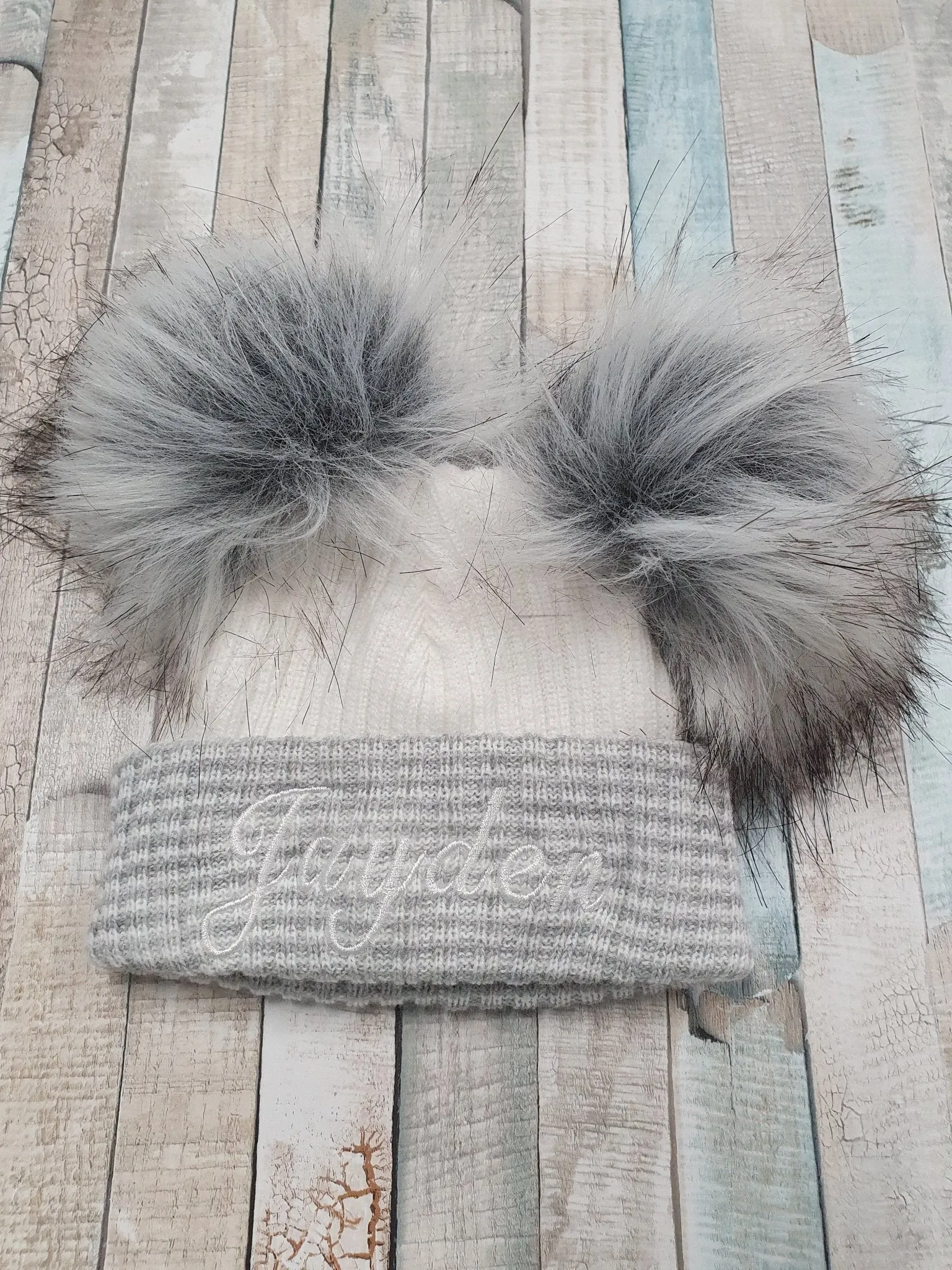 Personalised Baby First Size Ribbed Double Fluffy Faux Fur Pom Hats