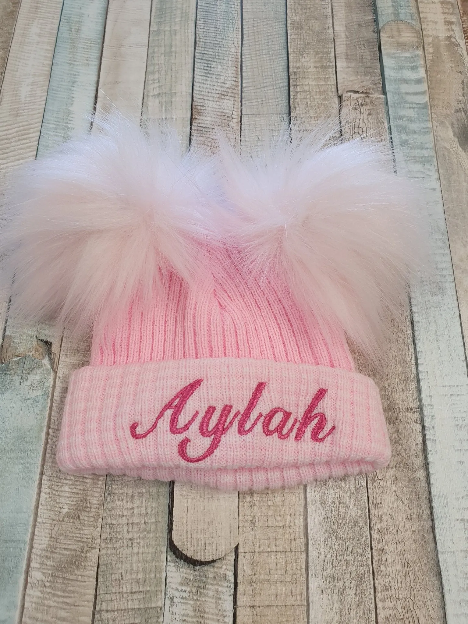 Personalised Baby First Size Ribbed Double Fluffy Faux Fur Pom Hats