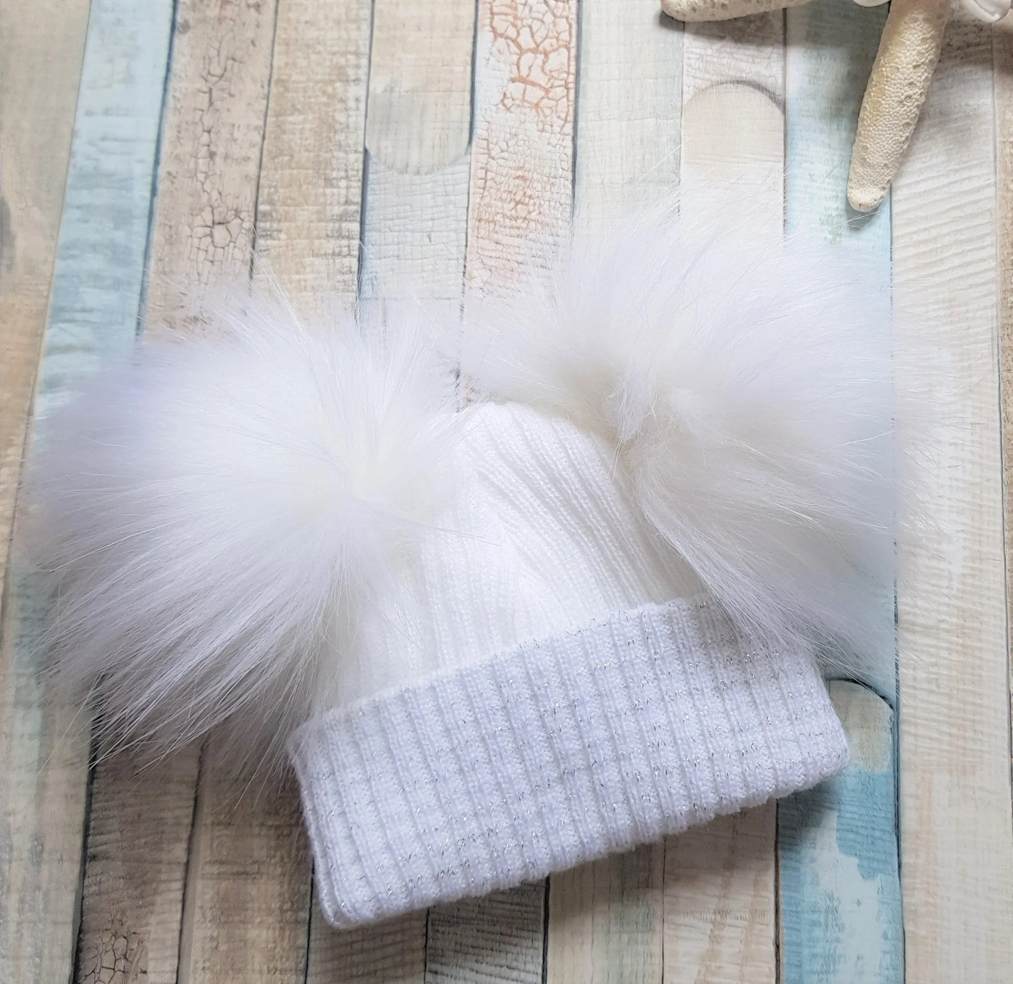 Personalised Baby First Size Ribbed Double Fluffy Faux Fur Pom Hats