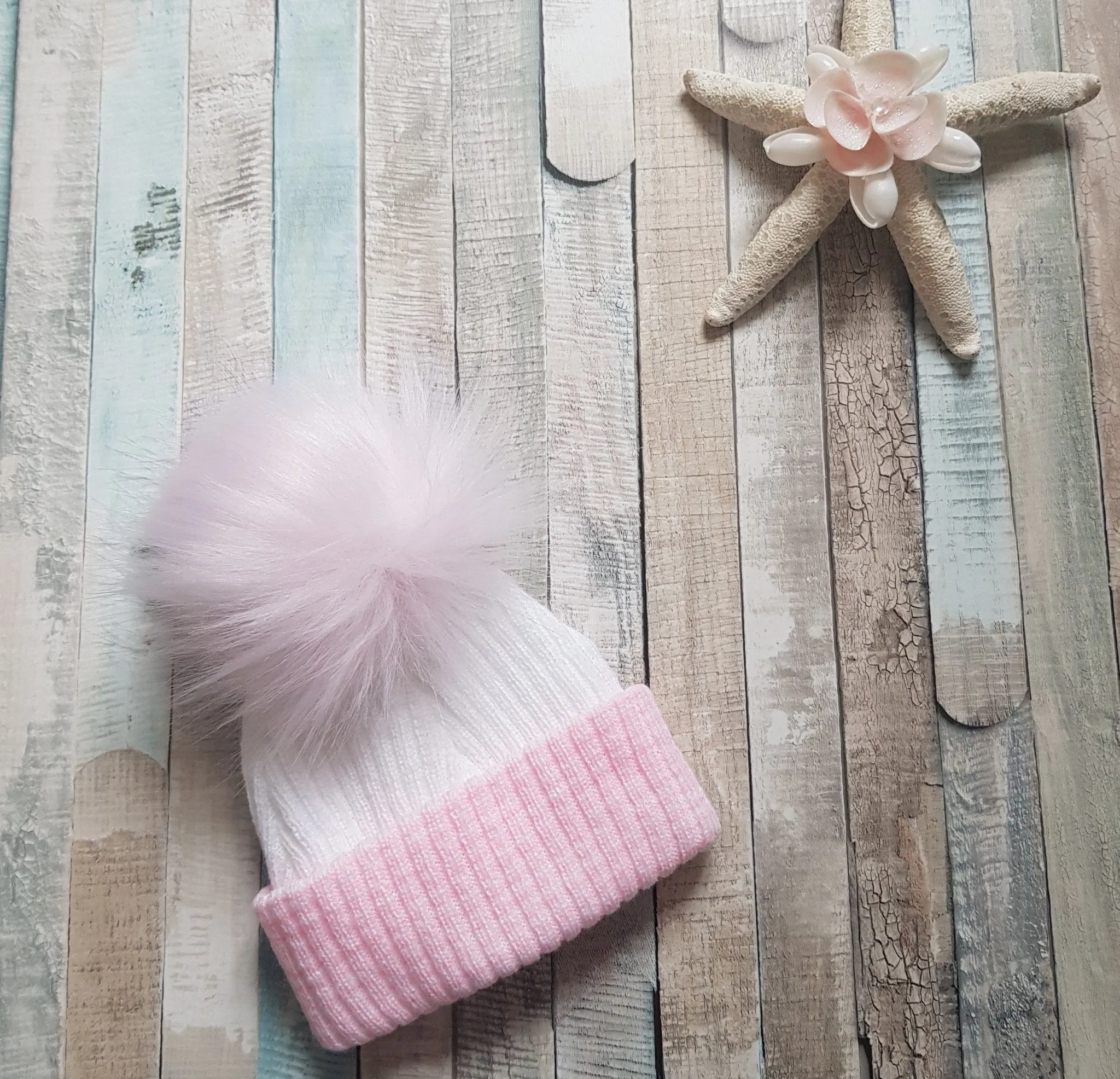 Personalised Baby First Size Ribbed Single Fluffy Faux Fur Pom Hats