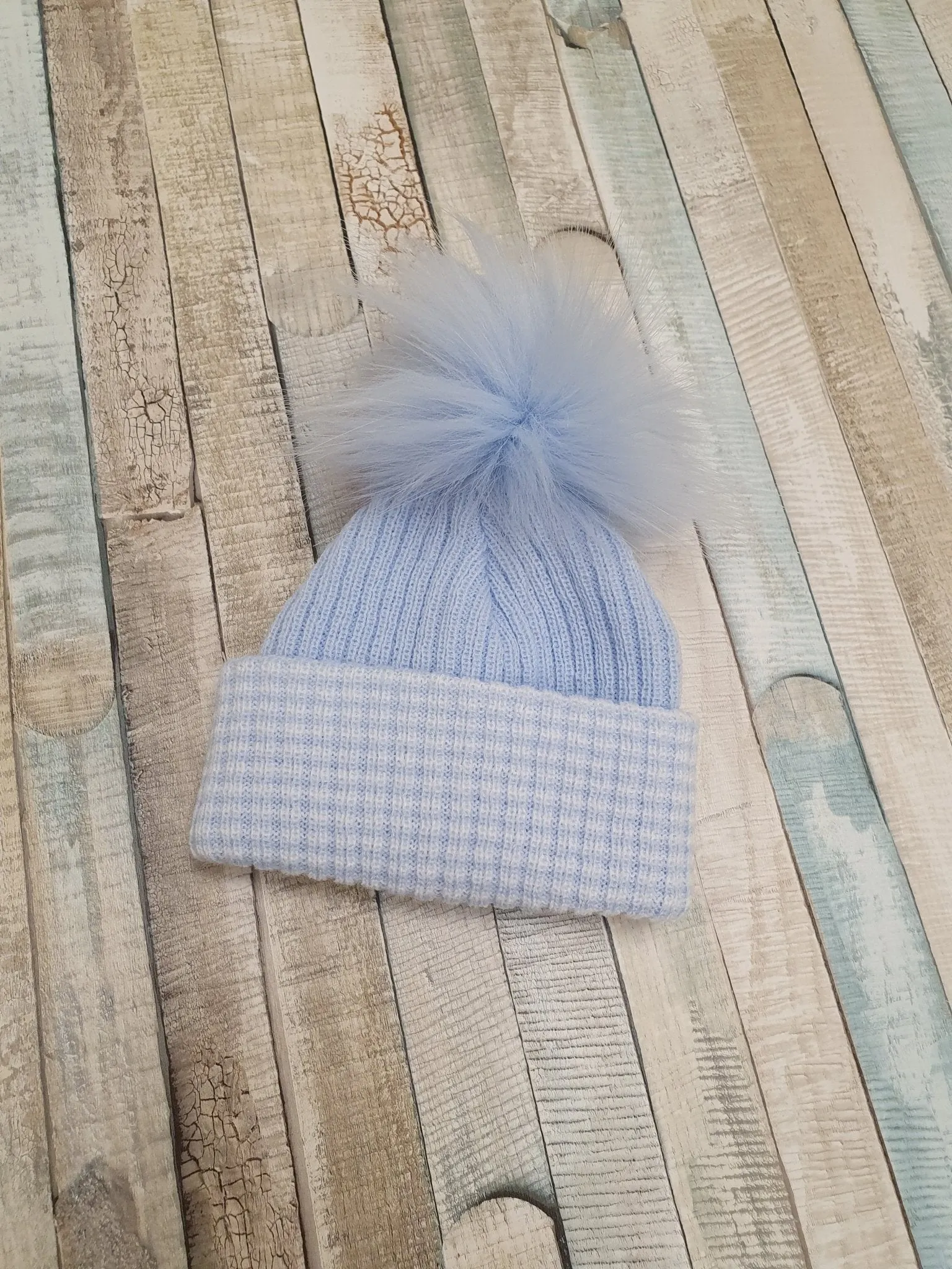 Personalised Baby First Size Ribbed Single Fluffy Faux Fur Pom Hats