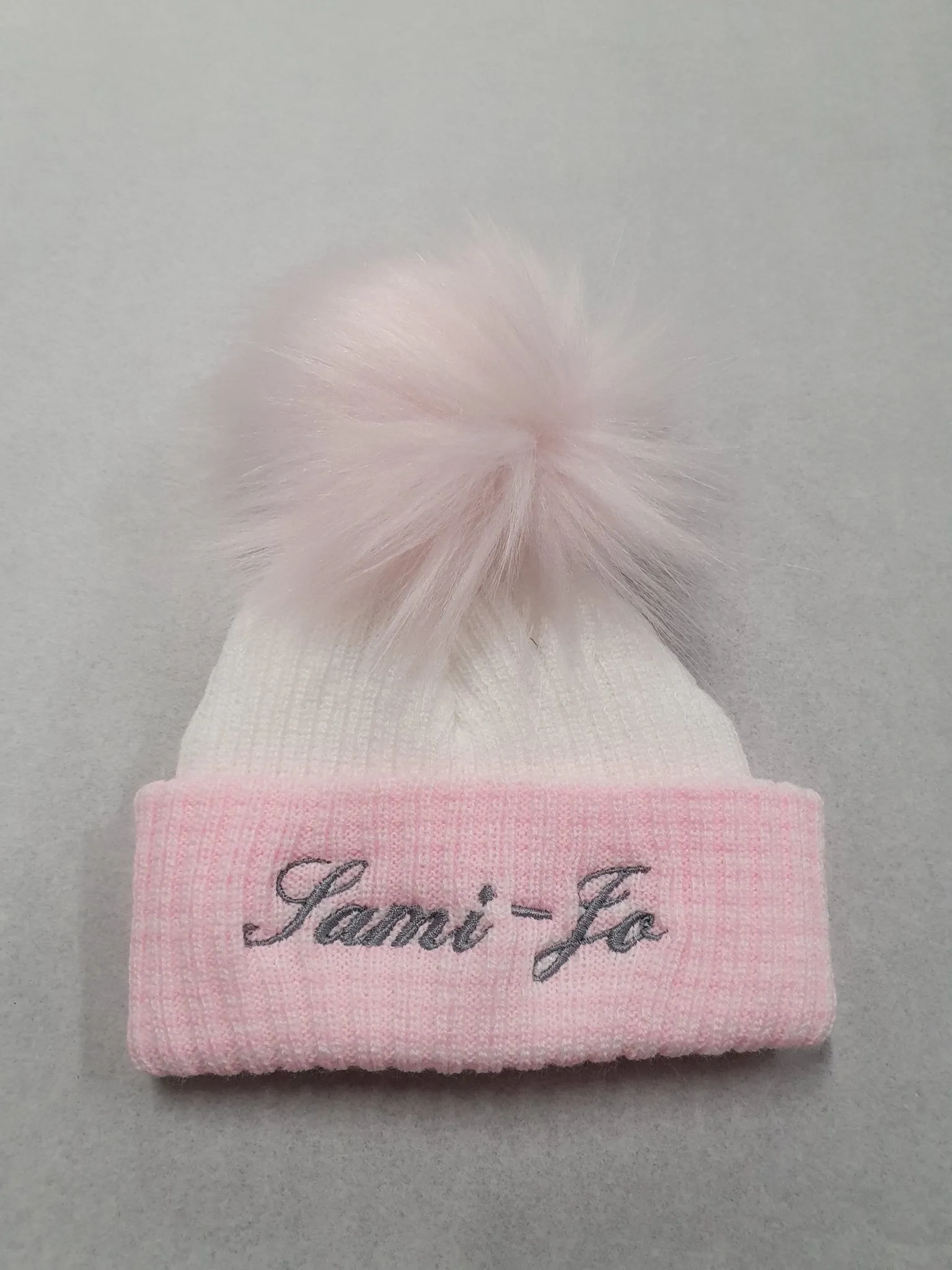 Personalised Baby First Size Ribbed Single Fluffy Faux Fur Pom Hats
