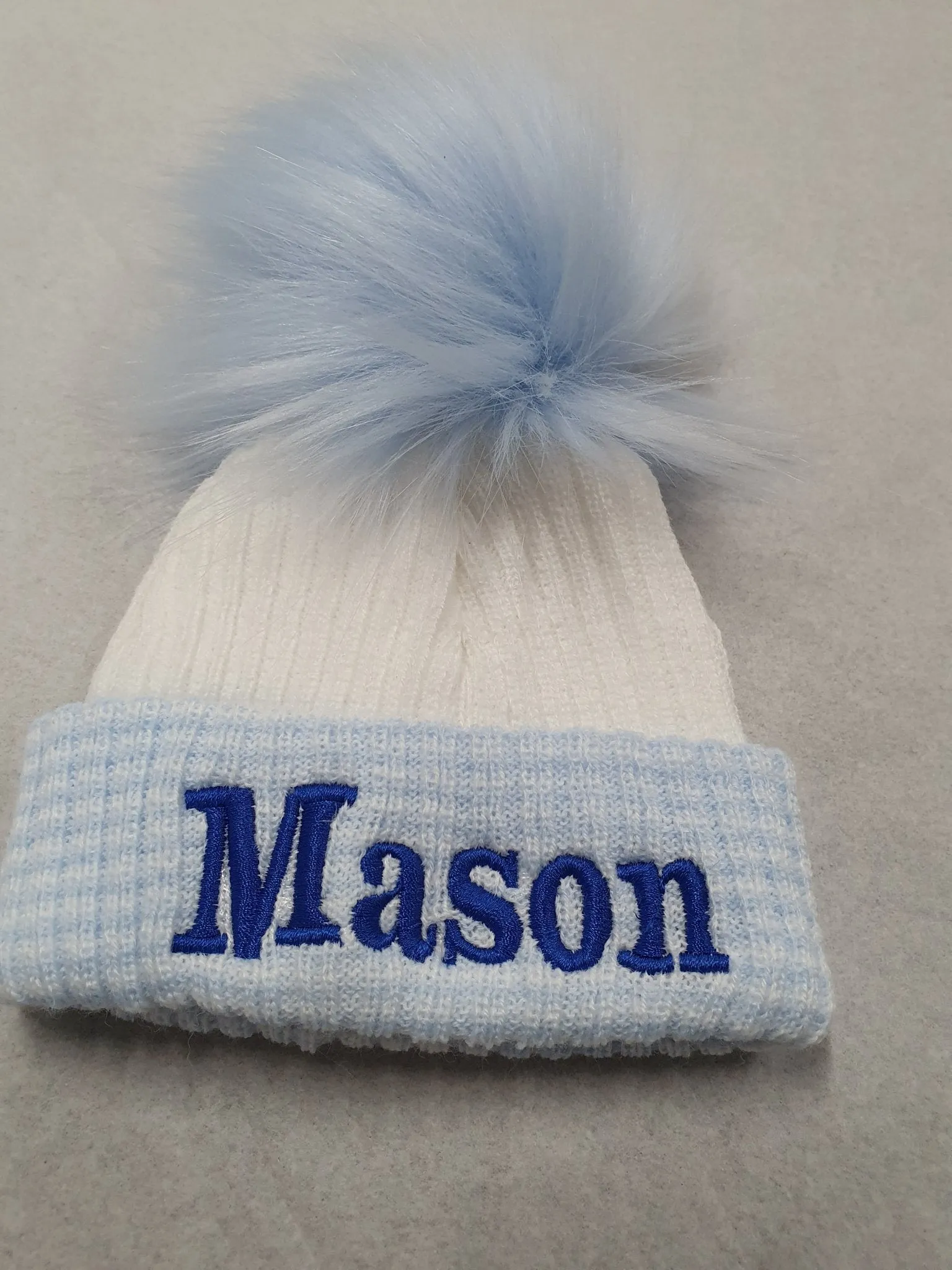 Personalised Baby First Size Ribbed Single Fluffy Faux Fur Pom Hats