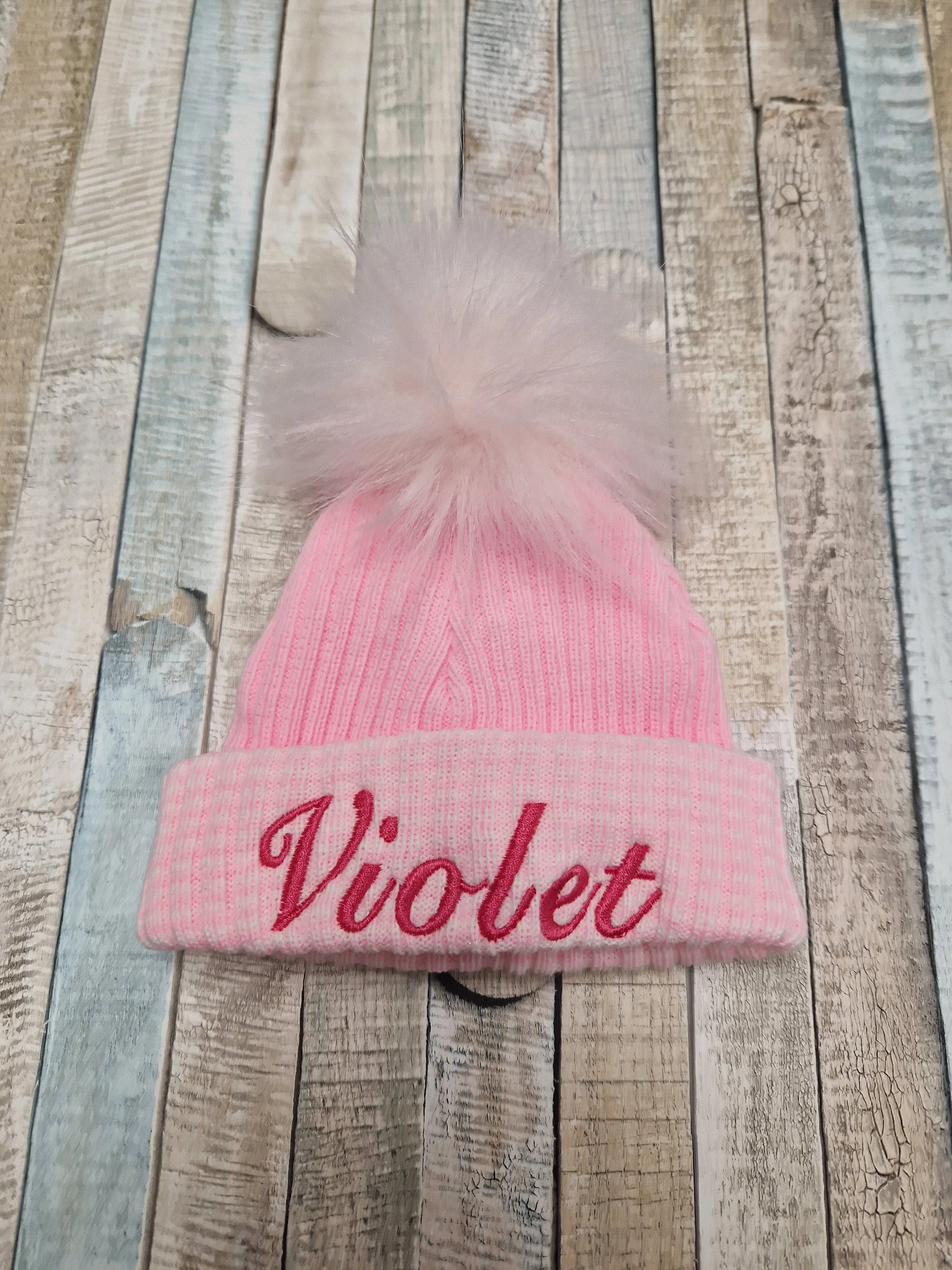 Personalised Baby First Size Ribbed Single Fluffy Faux Fur Pom Hats
